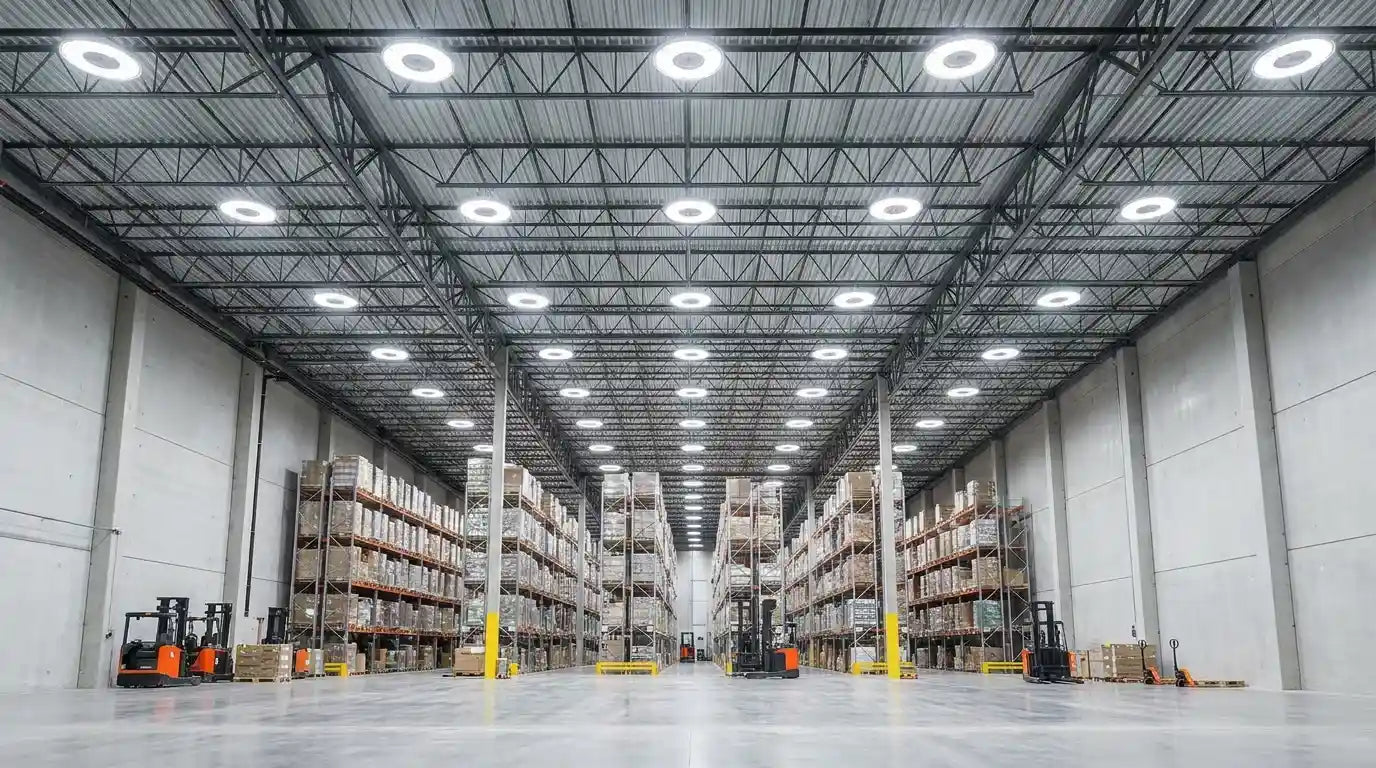 High bay light spacing demonstration in modern warehouse with evenly spaced LED fixtures