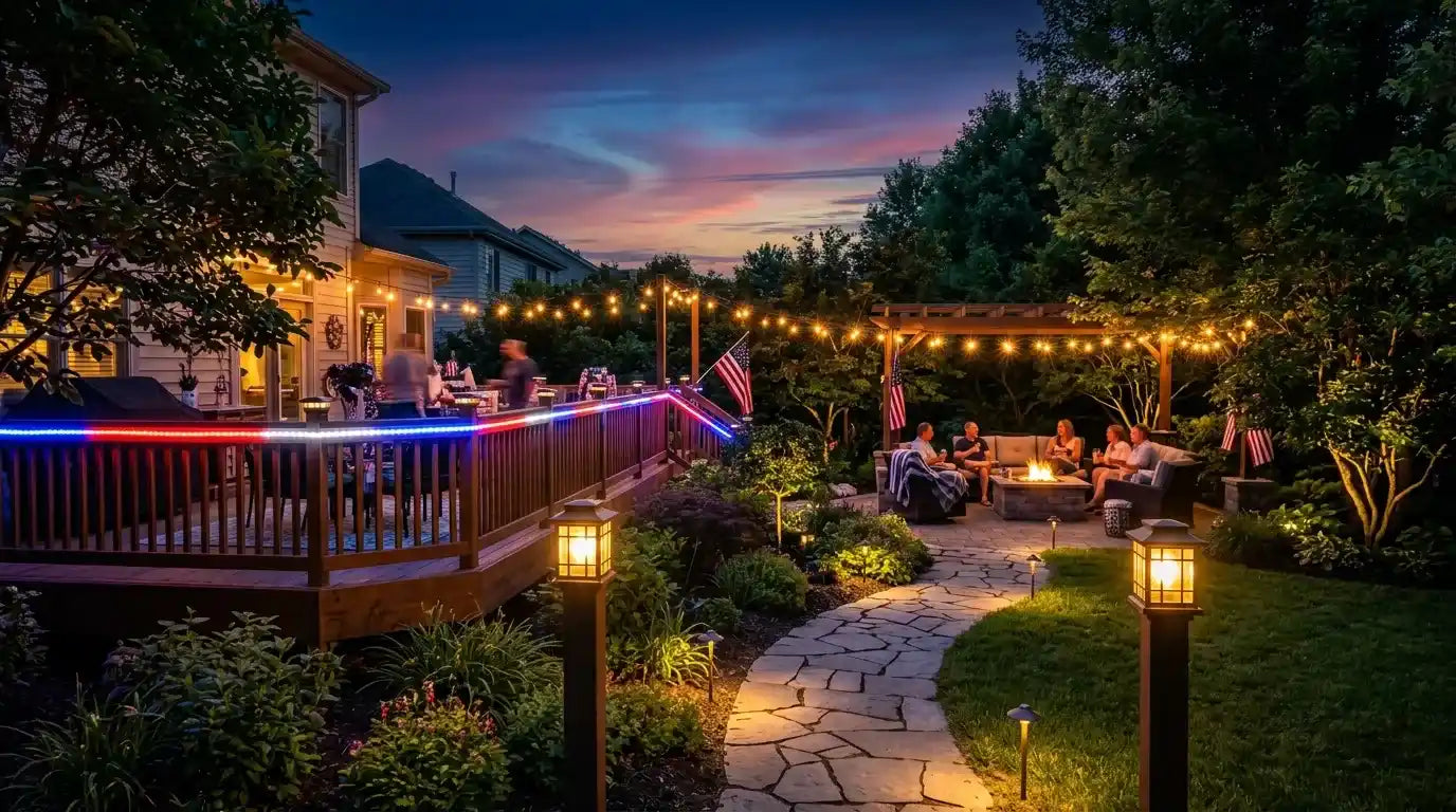 Red, white, and blue outdoor string lights decorating a porch for 4th of July
