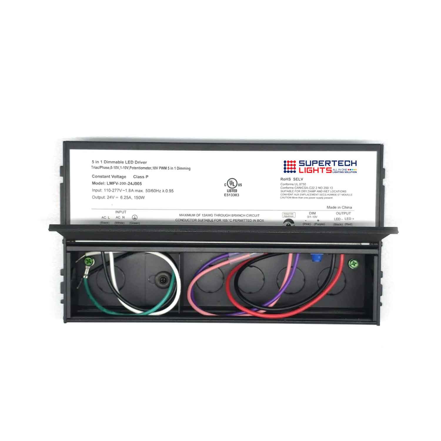 200W 5-in-1 Junction Box Dimmable LED Driver | 12V or 24V DC | Triac / 0-10V / 1-10V / PWM / Potentiometer | 110–277V | UL Listed