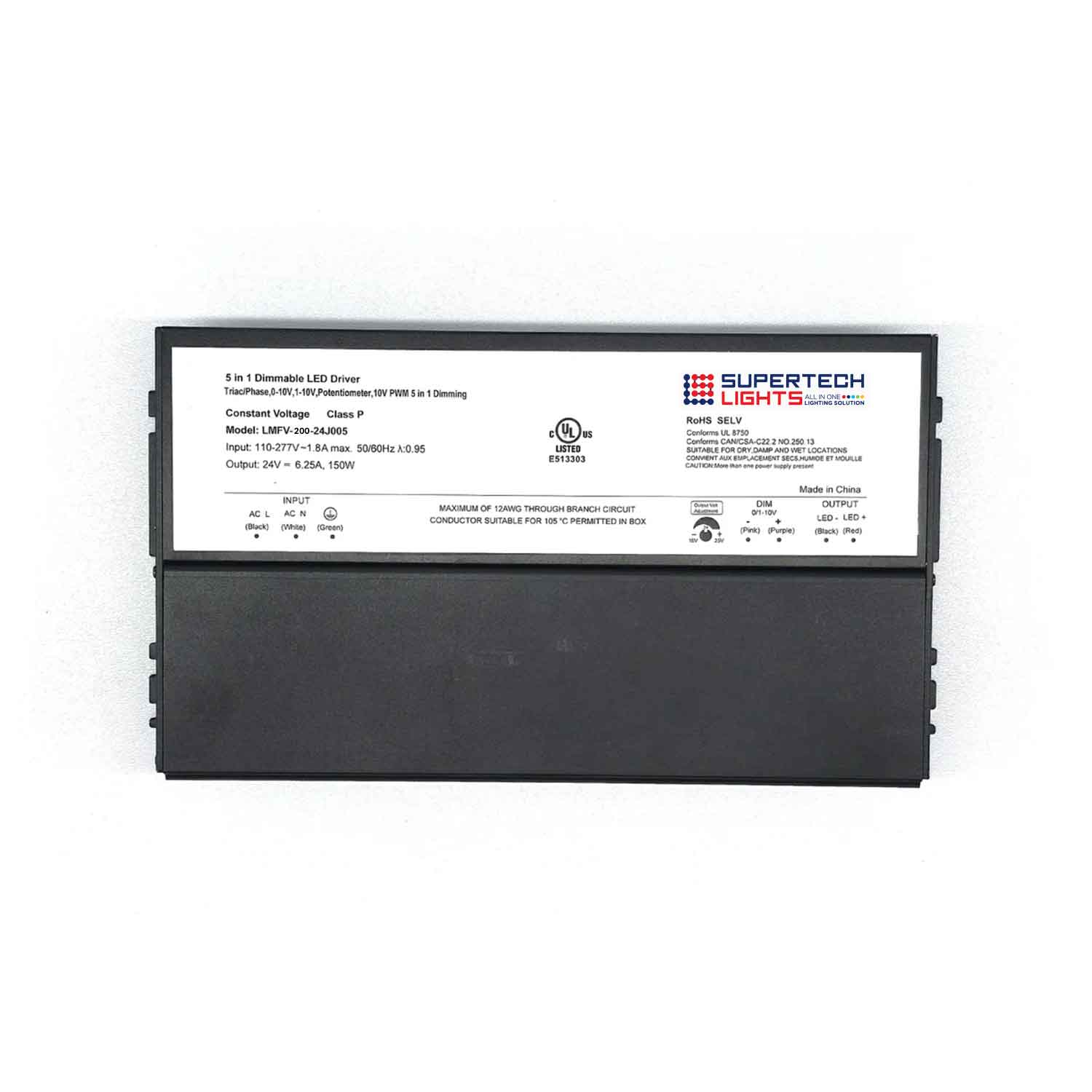 200W 5-in-1 Junction Box Dimmable LED Driver | 12V or 24V DC | Triac / 0-10V / 1-10V / PWM / Potentiometer | 110–277V | UL Listed