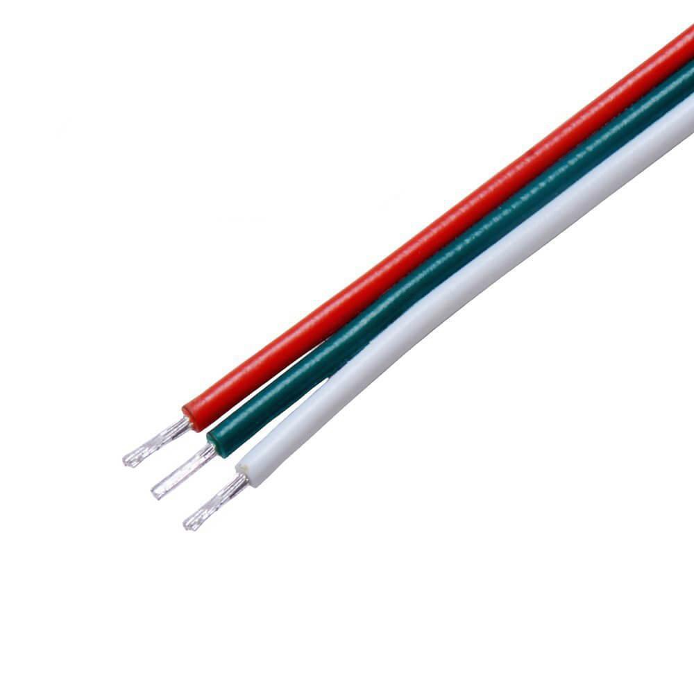 RGB LED strip light wire cable with red, green, and white connectors for decorative and outdoor lighting applications