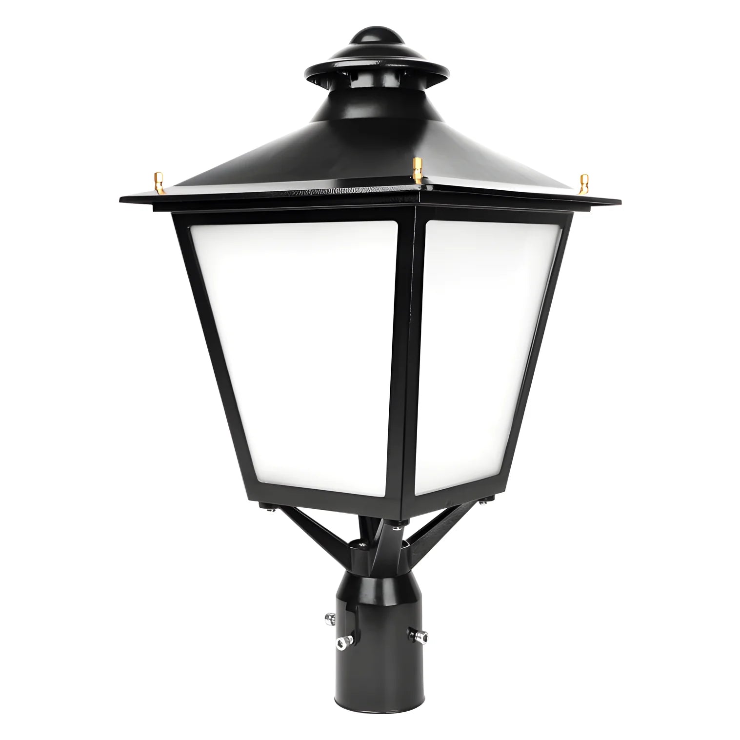 80W 100W 120W LED post light with black lantern-style housing and frosted panels for outdoor area and pathway lighting