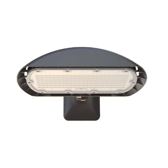 90W adjustable wattage LED flood light with compact housing and broad lens for outdoor commercial and security lighting