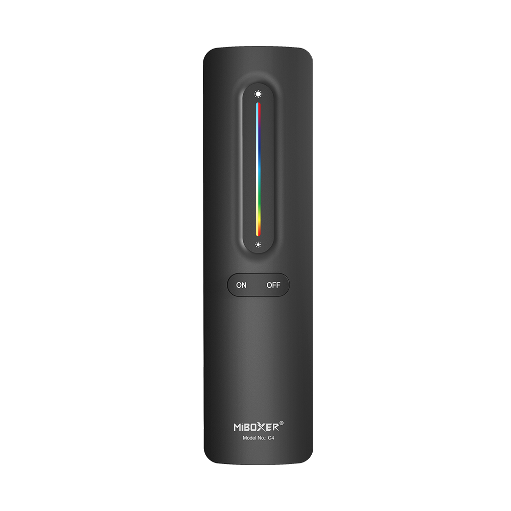 C4 RGB+CCT remote control for LED lights with color adjustment slider, brightness control, and on/off buttons