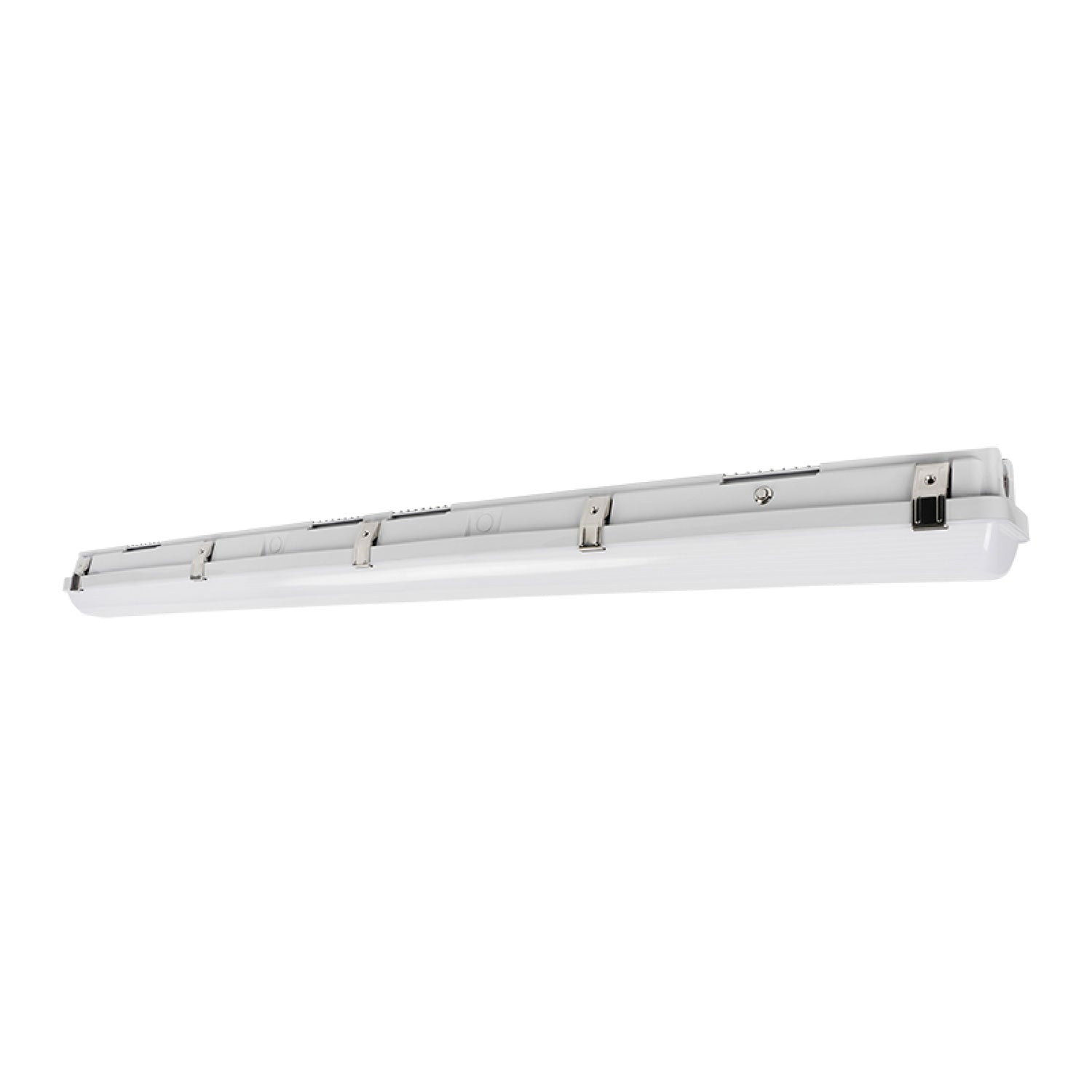 LED vapor tight light fixture with white housing and durable enclosed linear design for commercial and industrial lighting