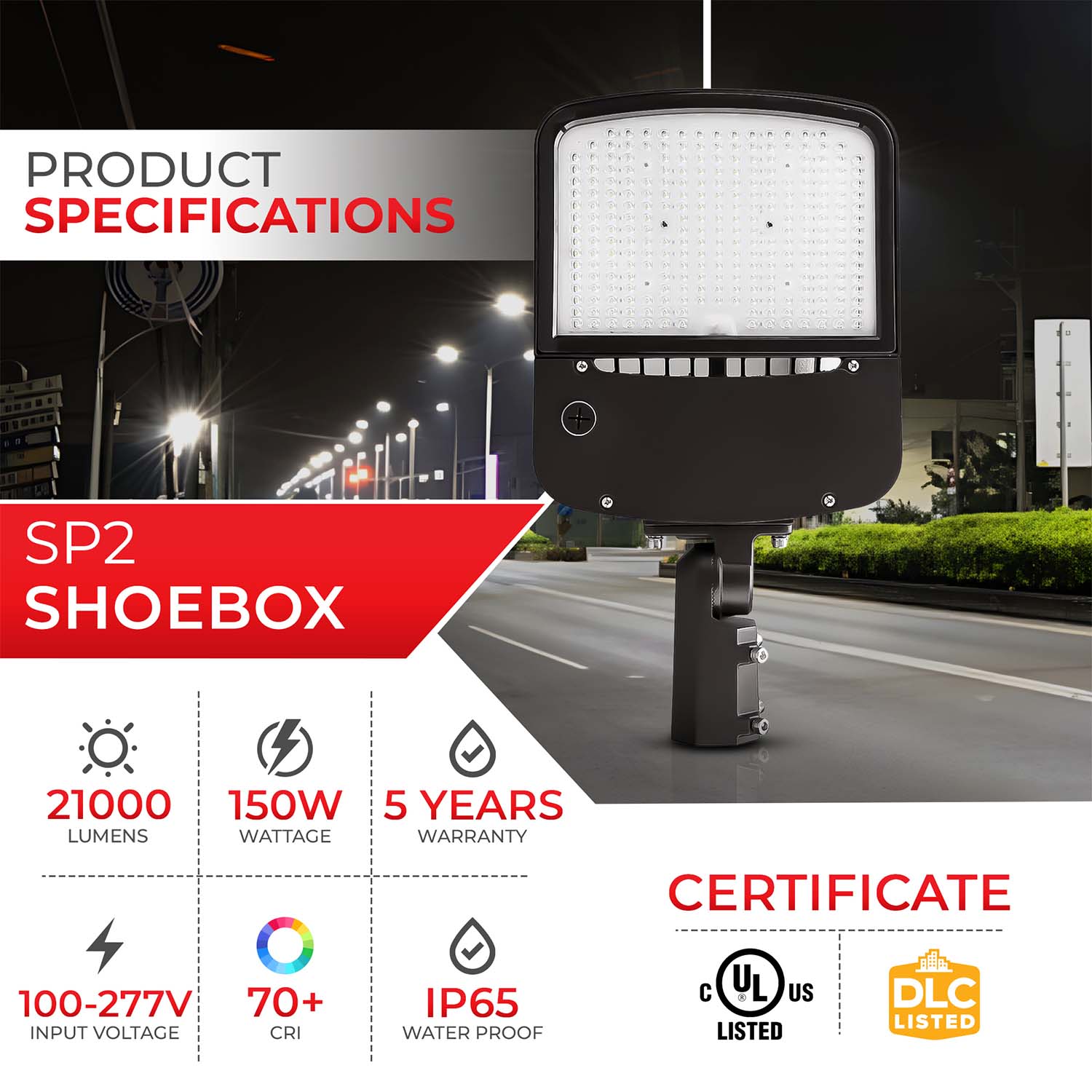 LED Shoebox Area Light | Selectable 100W/120W/150W | 3000K/4000K/5700K CCT | Built-In Photocell | IP65 | cULus DLC