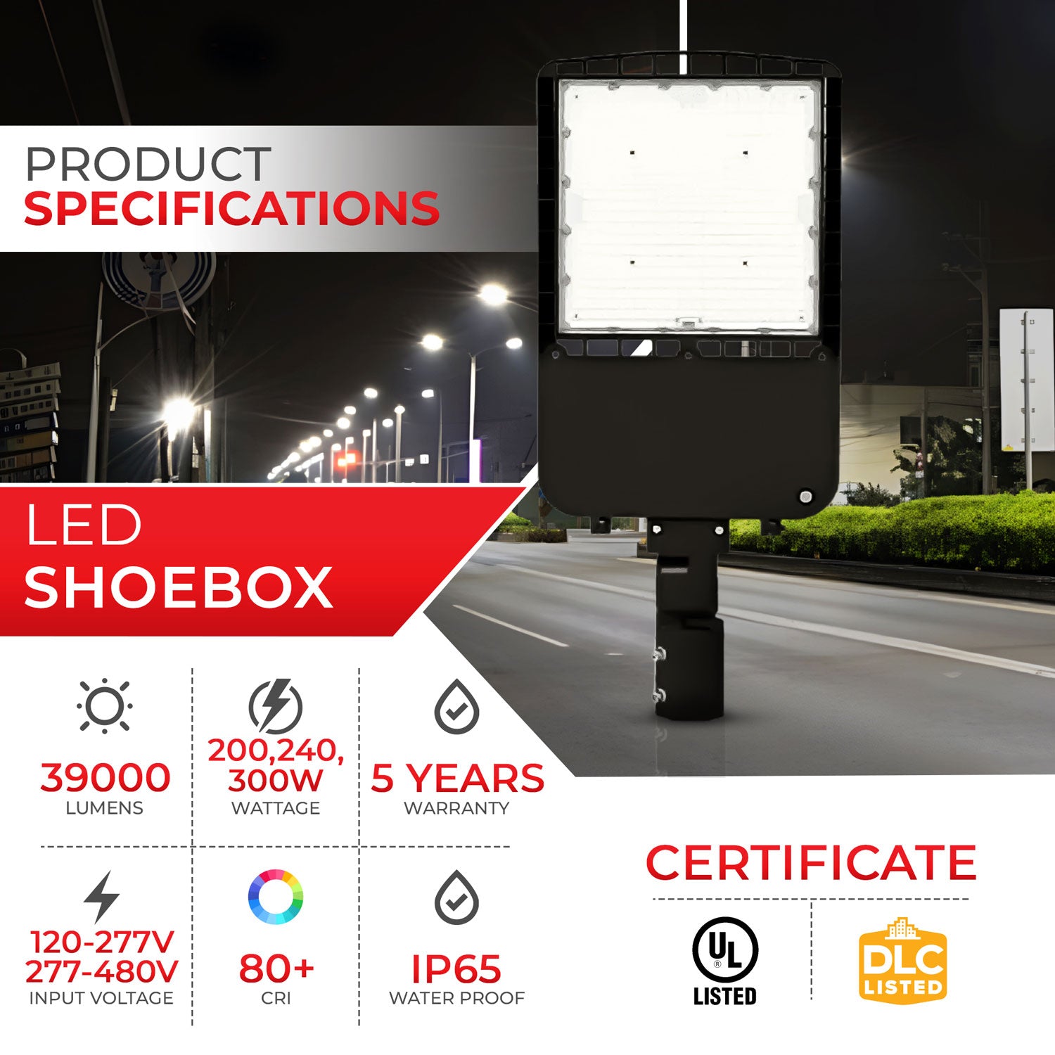 Adjustable LED Parking Lot Light 200/240/300W, 3CCT 39000 Lumens Security Area Light - 480V Available - UL DLC Listed - SZ-PK300W