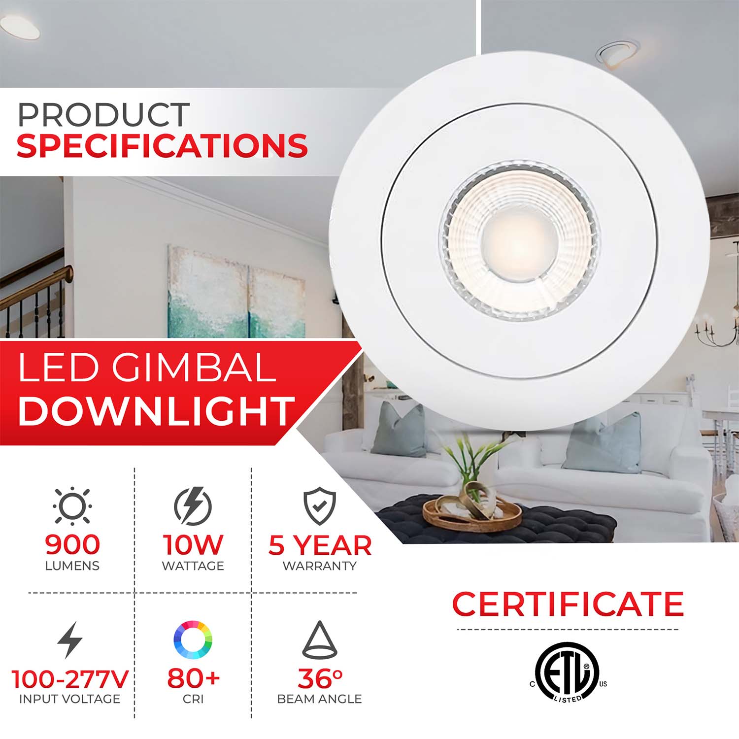 4 inch 10W Rotatable LED Gimbal Downlight, 900 Lumens, 5CCT Selectable, 0-10V Dimmable, ETL Certified