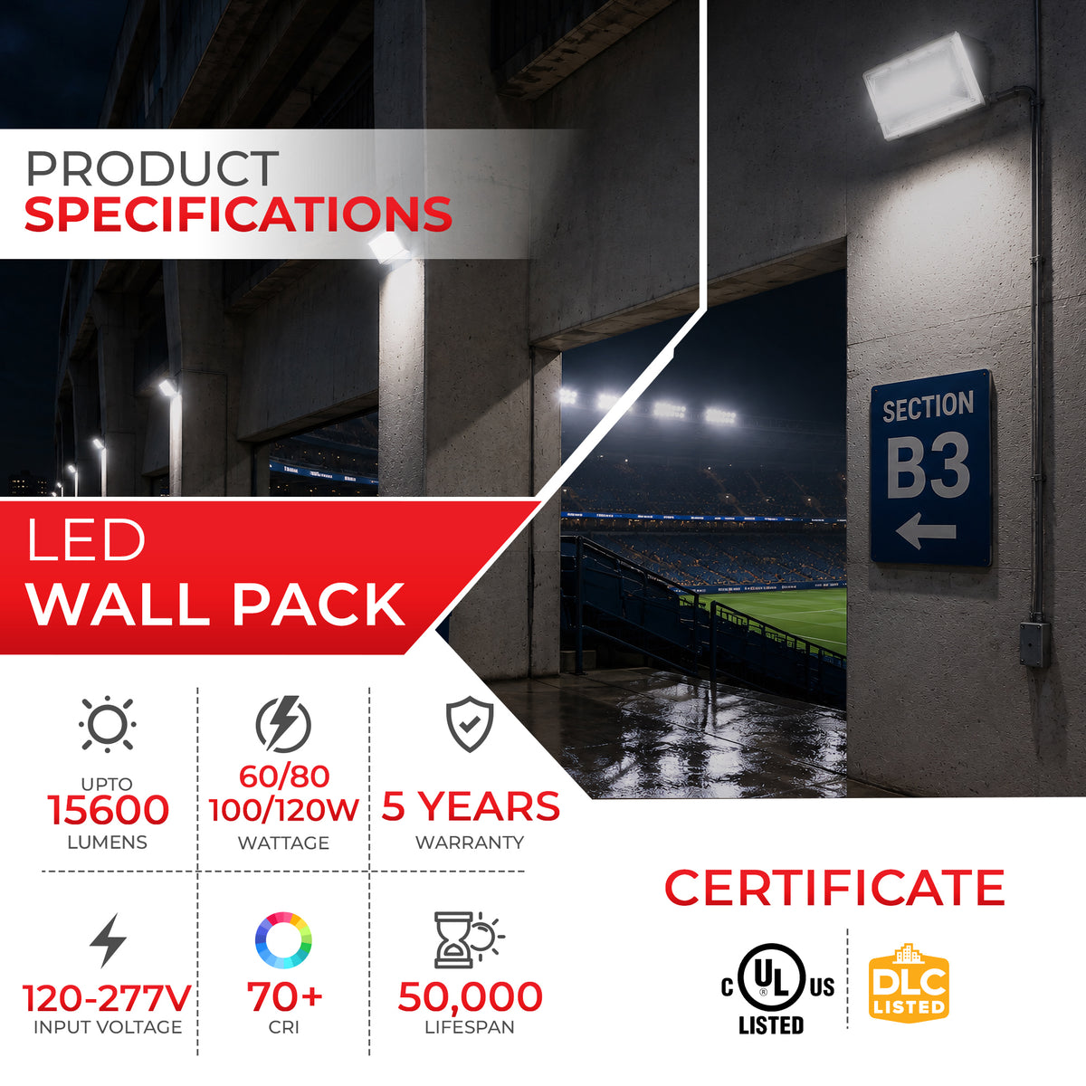 Selectable Wattage LED Wall Pack – 60/80/100/120W, 3CCT 3000K/4000K/5000K, White, Photocell