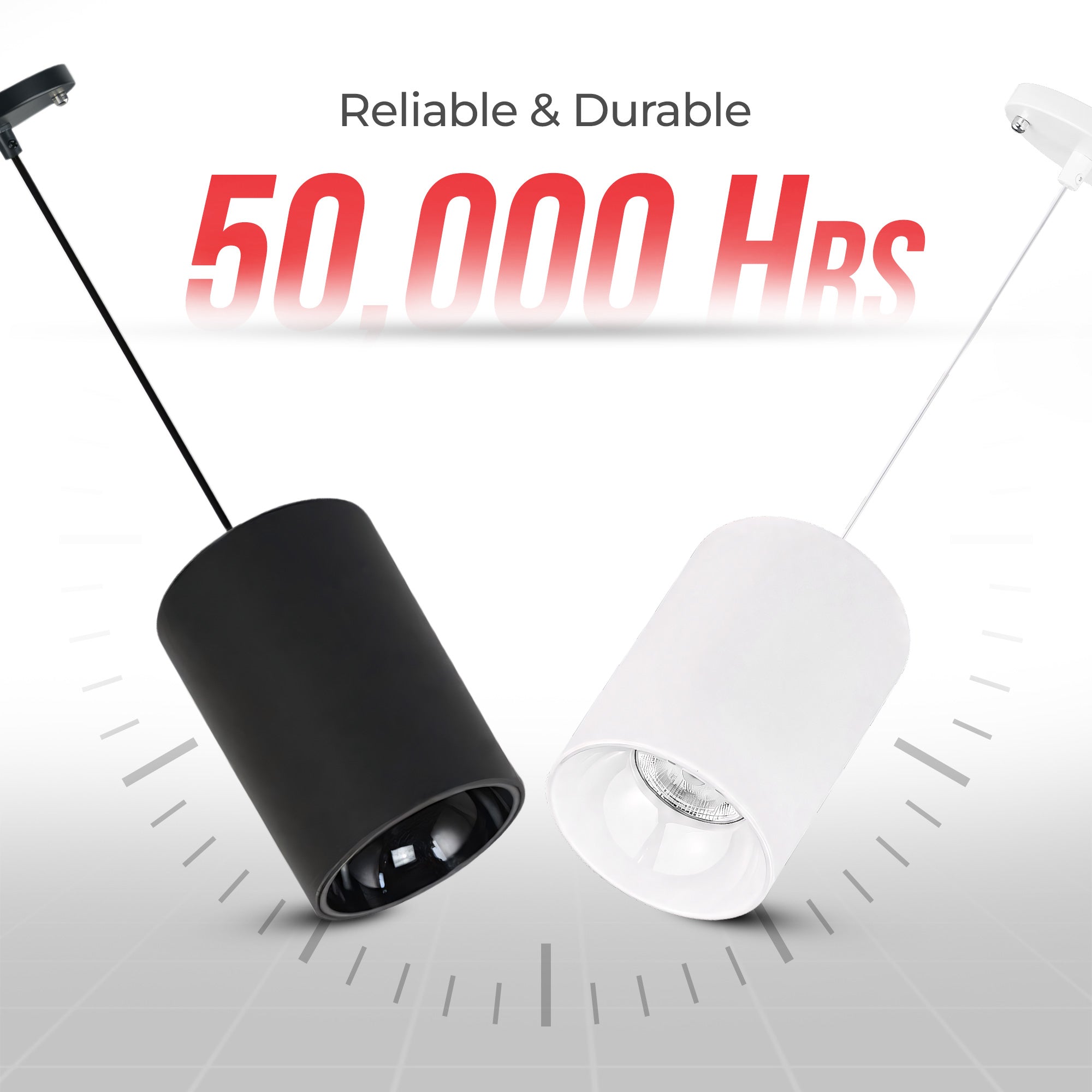 Two cylindrical pendant light fixtures shown on a white background, one black and one white, with promotional text reading 'Reliable & Durable 50,000 Hrs'.