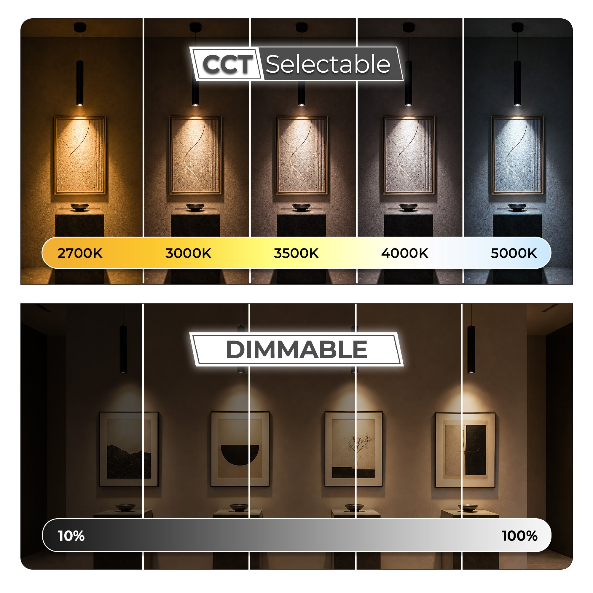 30W Adjustable Beam LED Pendant Light — 8°–80° Zoom, 5CCT Selectable (2700K–5000K), 2600lm, Height-Adjustable, TRIAC Dimmable, ETL Listed