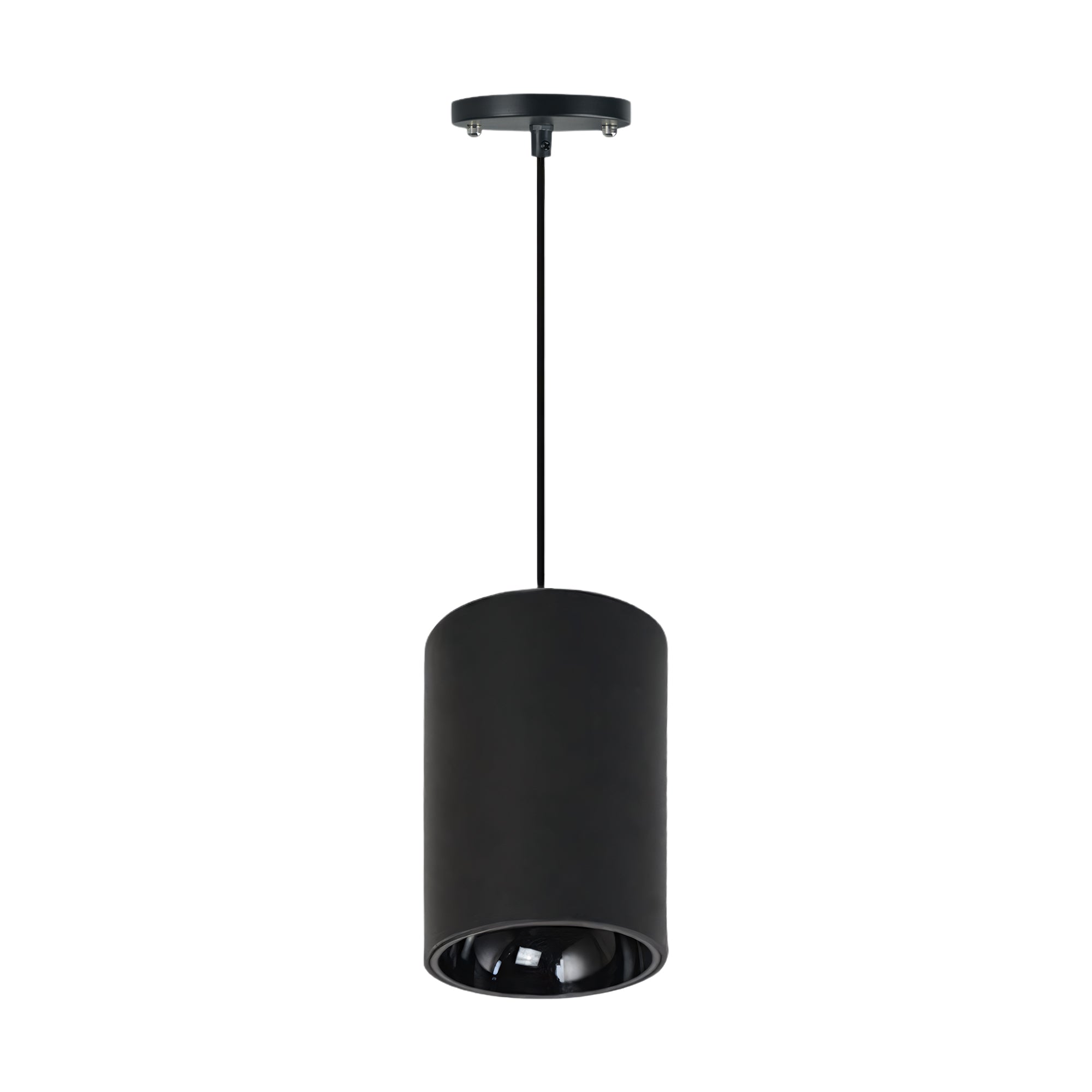 A modern matte black cylindrical pendant light with a matching black ceiling canopy and cord, shown against a plain white background.