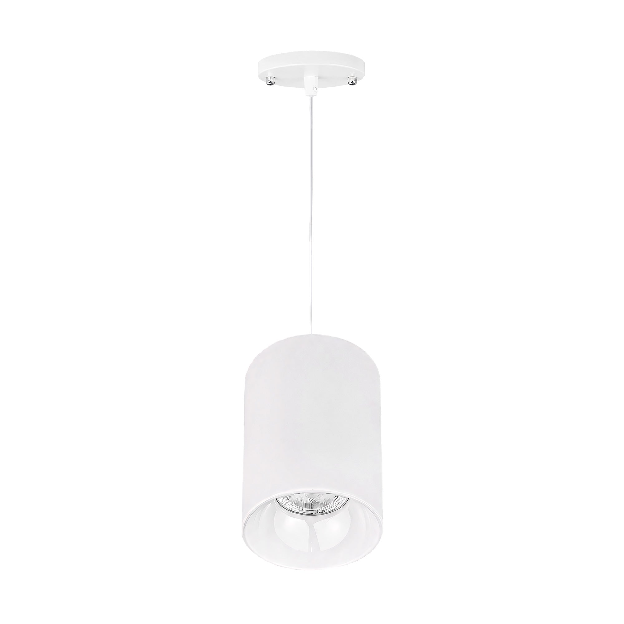 A modern white cylindrical pendant light fixture with a matte finish, suspended by a thin cord from a matching white ceiling canopy against a solid white background.