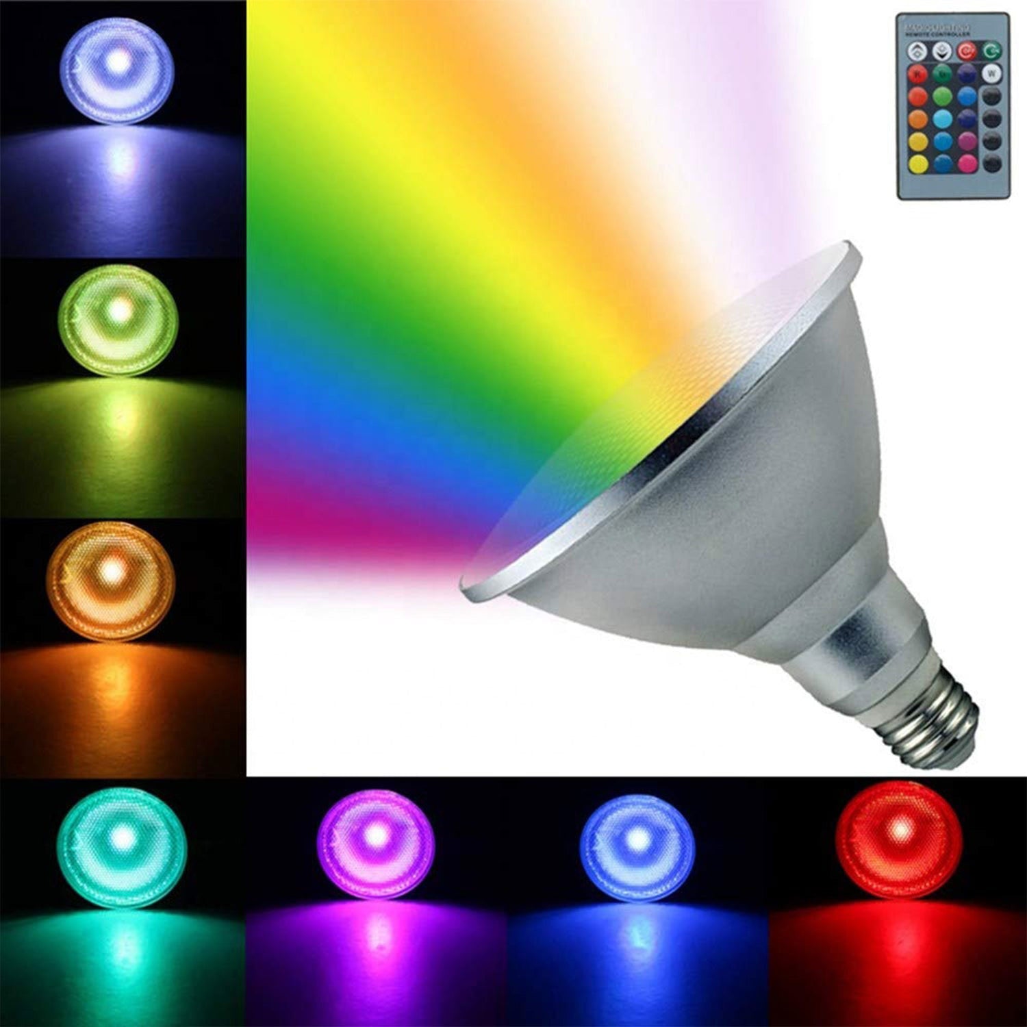 20W RGB PAR38 LED Bulb - IP65 Waterproof - E26 Base - Remote Included