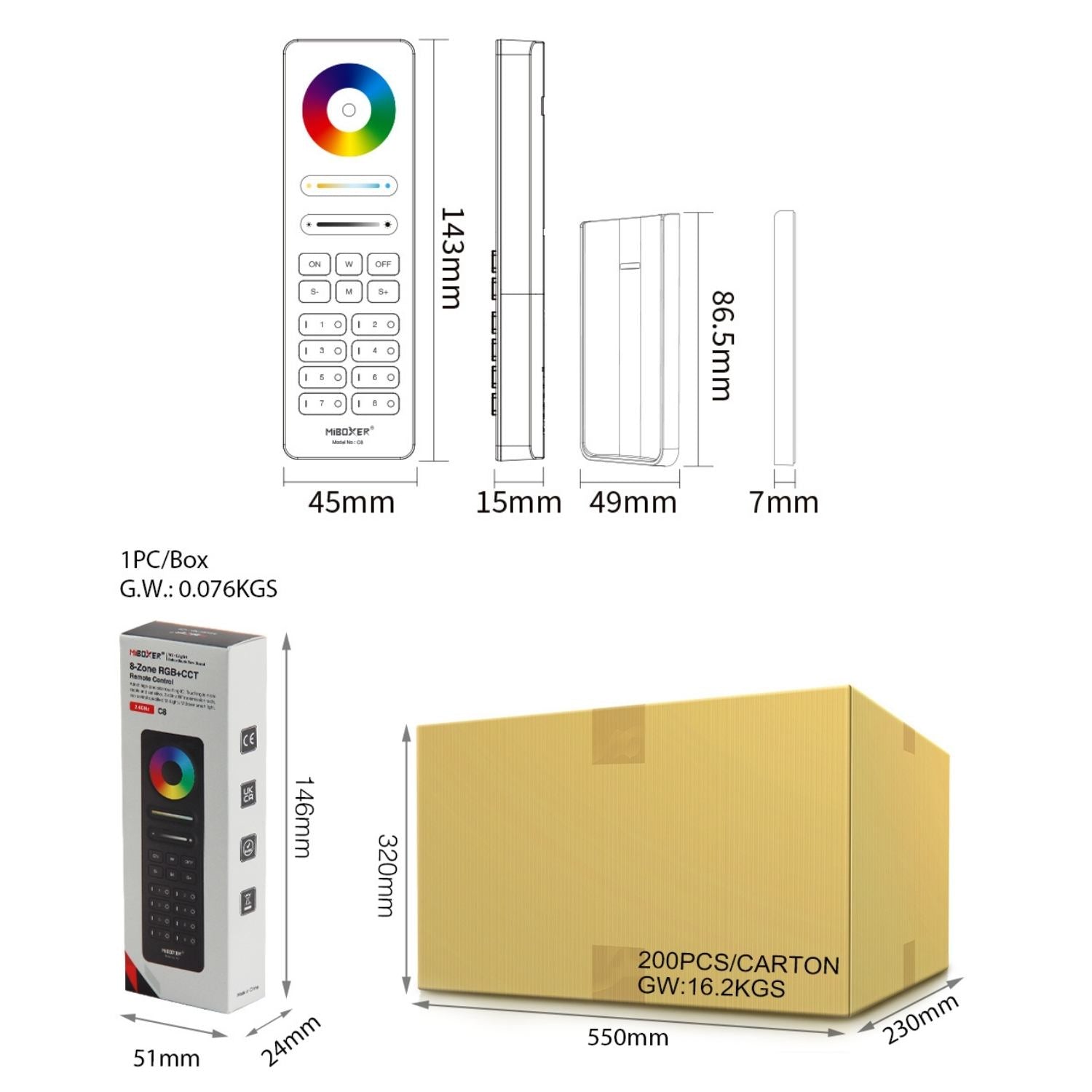 C8 8 Zone RGB+CCT Remote – 2.4GHz RF Wireless Control, 16 Million Colors, Magnetic Holder