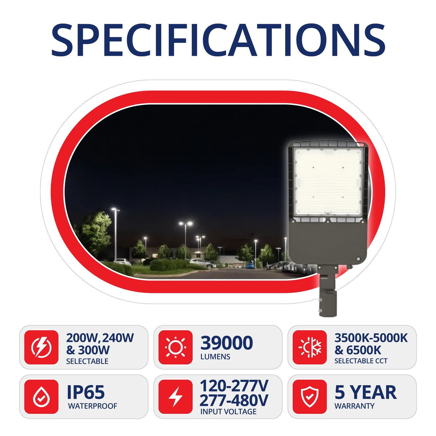 Adjustable LED Parking Lot Light 200/240/300W, 3CCT 39000 Lumens Security Area Light - 480V Available - UL DLC Listed - SZ-PK300W