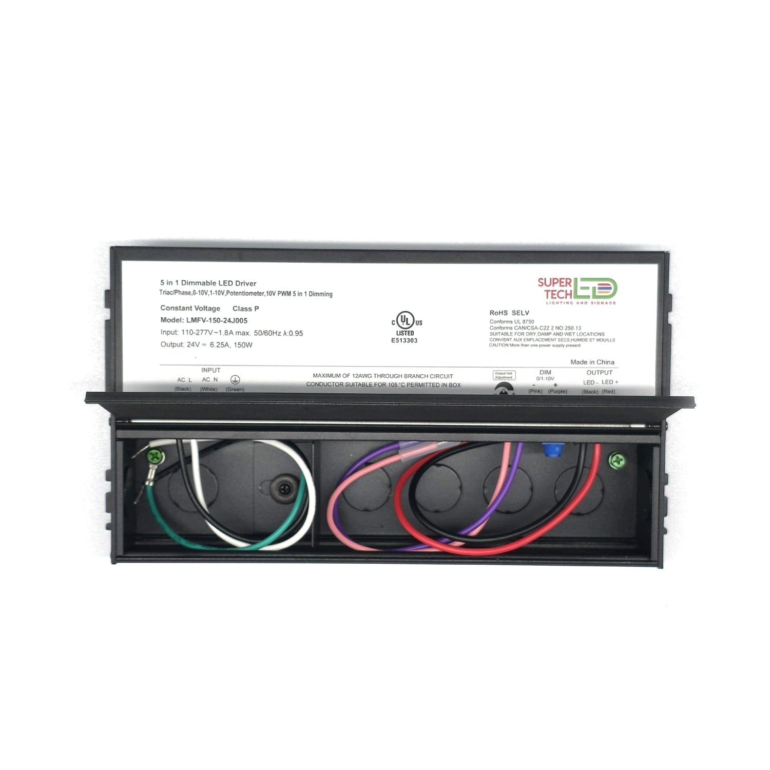 200W 5-in-1 Junction Box Dimmable LED Driver | 12V or 24V DC | Triac / 0-10V / 1-10V / PWM / Potentiometer | 110–277V | UL Listed