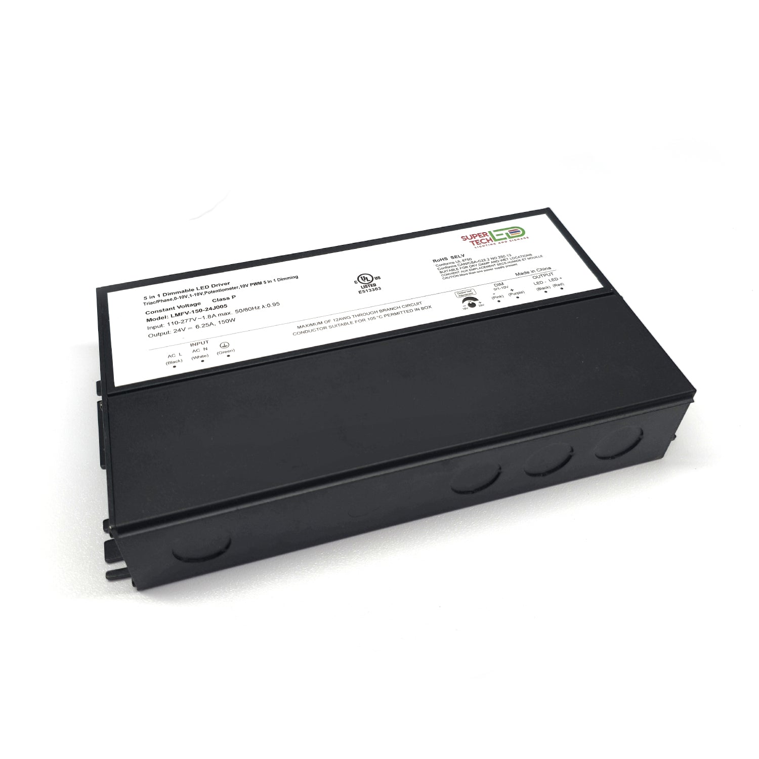 200W 5-in-1 Junction Box Dimmable LED Driver | 12V or 24V DC | Triac / 0-10V / 1-10V / PWM / Potentiometer | 110–277V | UL Listed