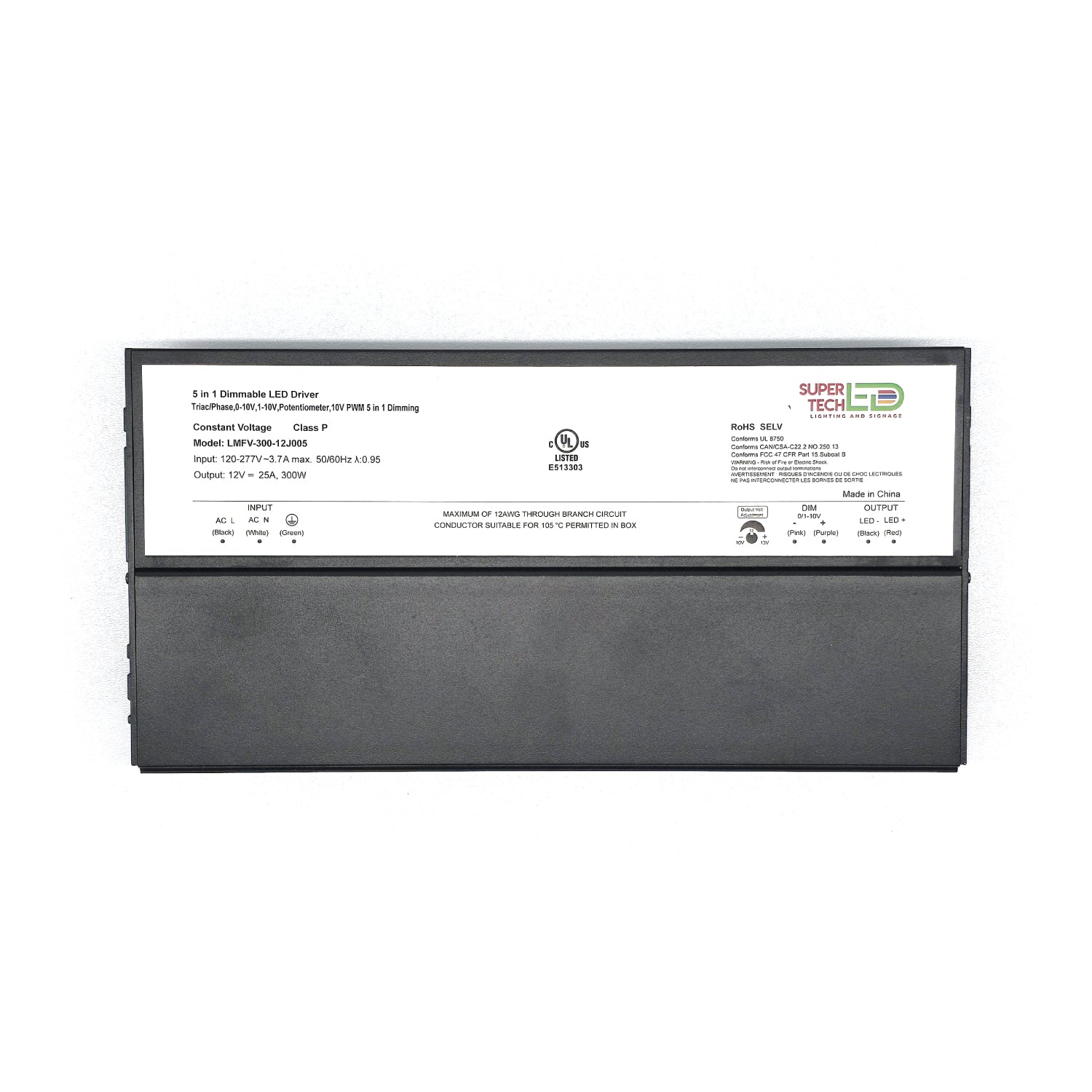 300W 5-in-1 Dimmable LED Driver | Triac, 0-10V, PWM, Potentiometer | 120–277V | UL Listed | 12V 25A / 24V 12.5A – LMFV-300-J005