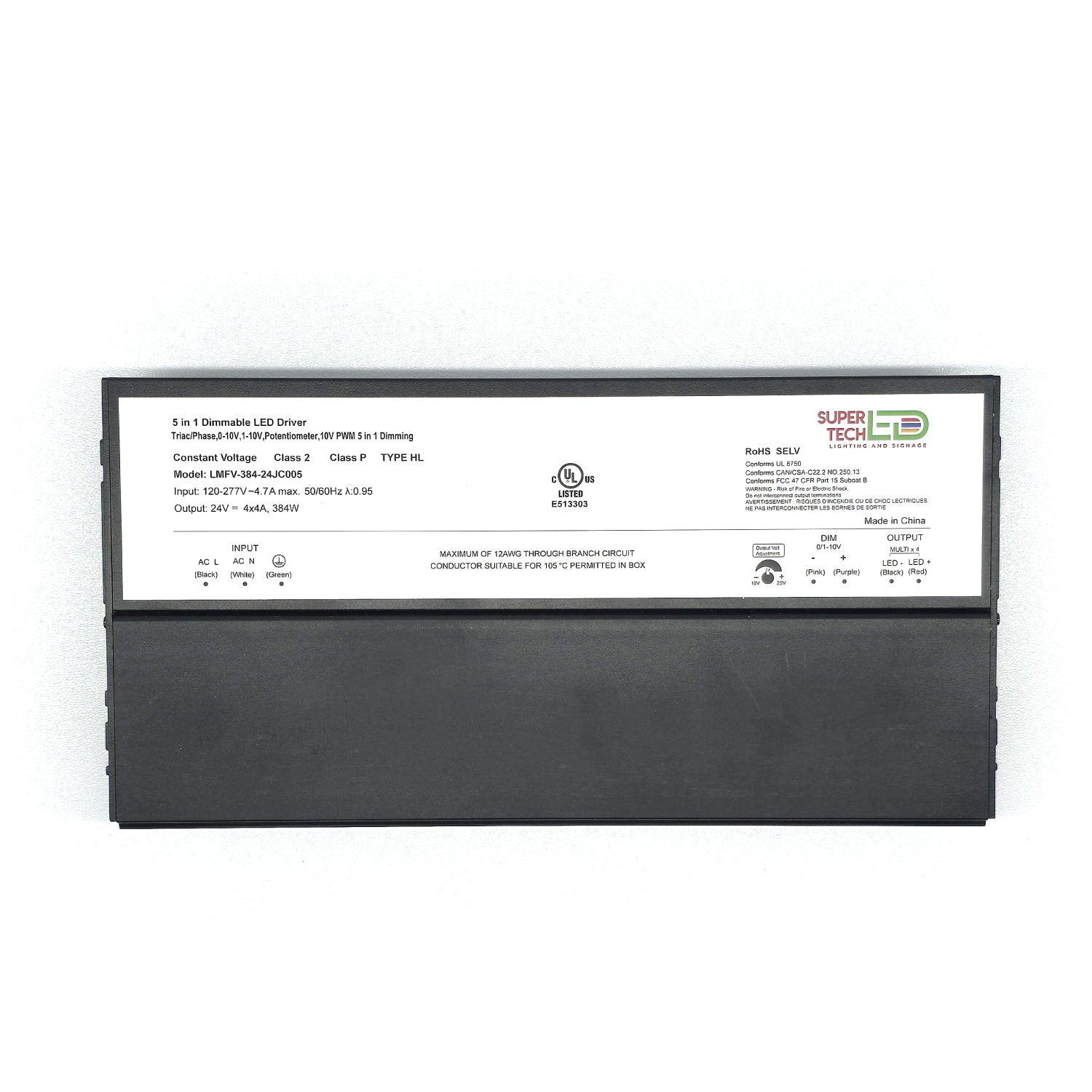 384W 24V 5-in-1 Dimmable LED Driver | Triac, 0-10V, PWM, Potentiometer | 4×4A | Class 2 | IP65 | UL Listed – LMFV-384-24JC005