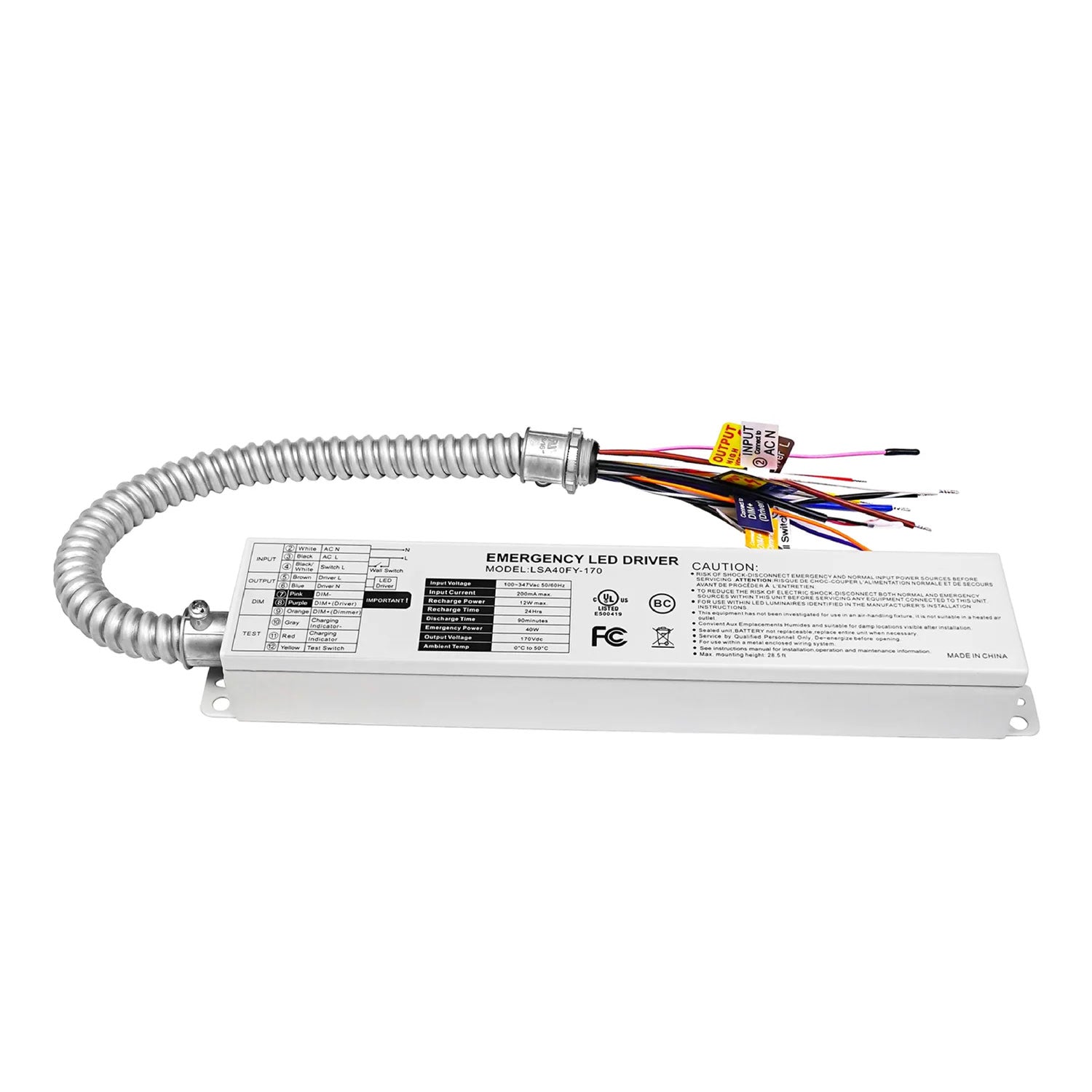 40W AC 100-347V Emergency Backup Driver40W Emergency LED Driver — 100-347VAC, 90-Min Runtime, Self-Testing, IP65, UL 924 Listed