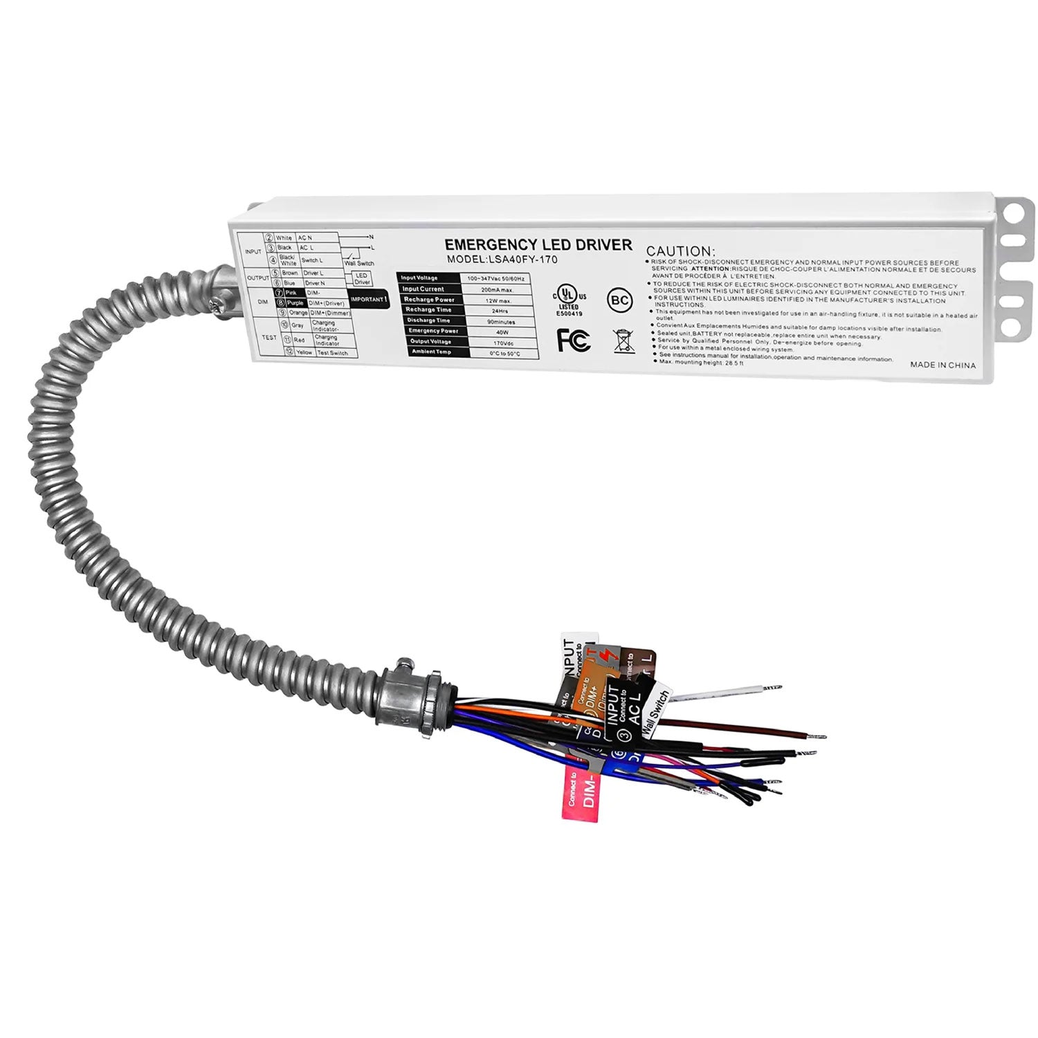 40W AC 100-347V Emergency Backup Driver40W Emergency LED Driver — 100-347VAC, 90-Min Runtime, Self-Testing, IP65, UL 924 Listed