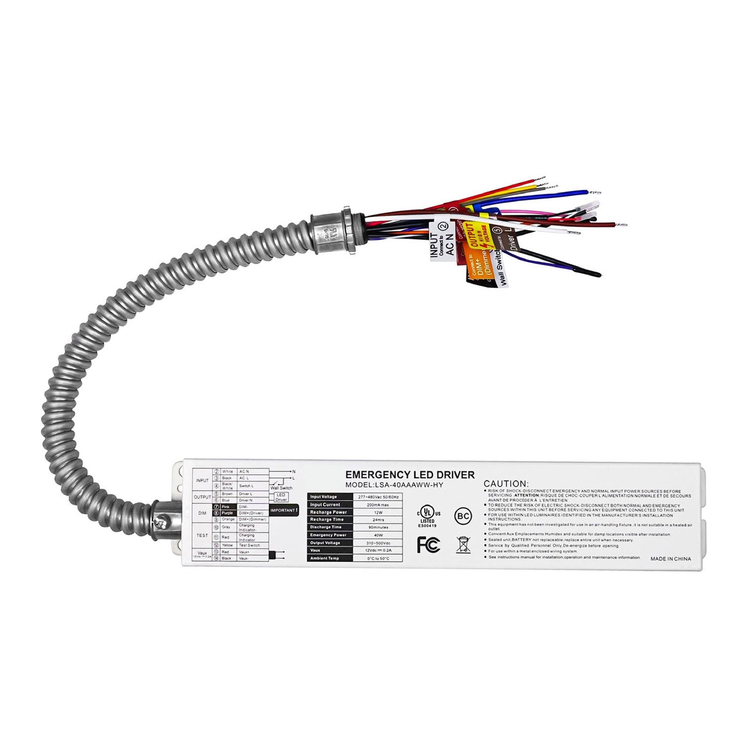 40W 480V Emergency LED Driver | 277–480VAC Battery Backup | 90-Minute Runtime | Self-Testing | IP65 | UL 924 Listed | LSA-40AAAWW-HY