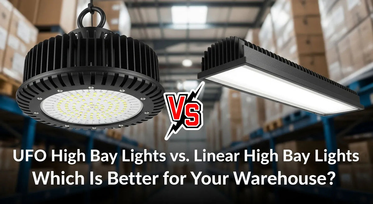 UFO vs. linear high bay LED lights comparison chart for warehouse lighting—showing beam angle, mounting height, coverage, and energy efficiency to help choose the best industrial LED high bay fixture.