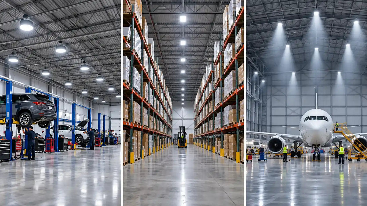 High bay lights by ceiling height comparison showing 20ft, 30ft  and 40ft warehouse interiors with LED fixtures overhead