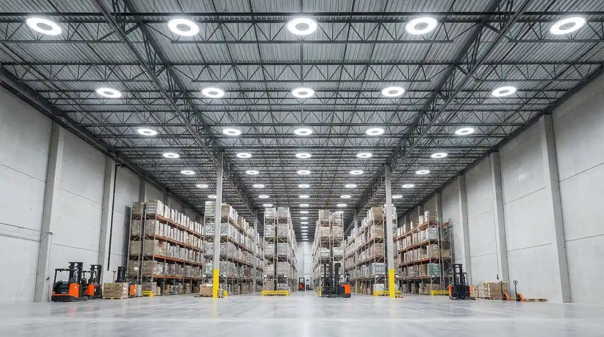 High bay light spacing demonstration in modern warehouse with evenly spaced LED fixtures