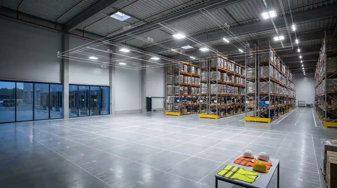 Modern warehouse interior showing LED high bay lighting layout with fixture spacing, ceiling height, beam coverage, and floor illumination calculation grid