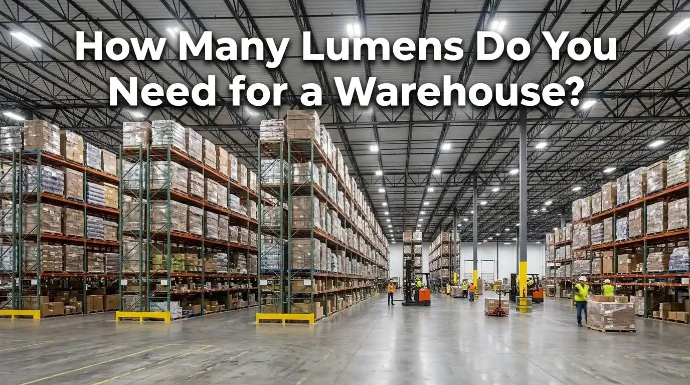 Warehouse lighting lumens from LED high bay lights illuminating industrial storage aisles