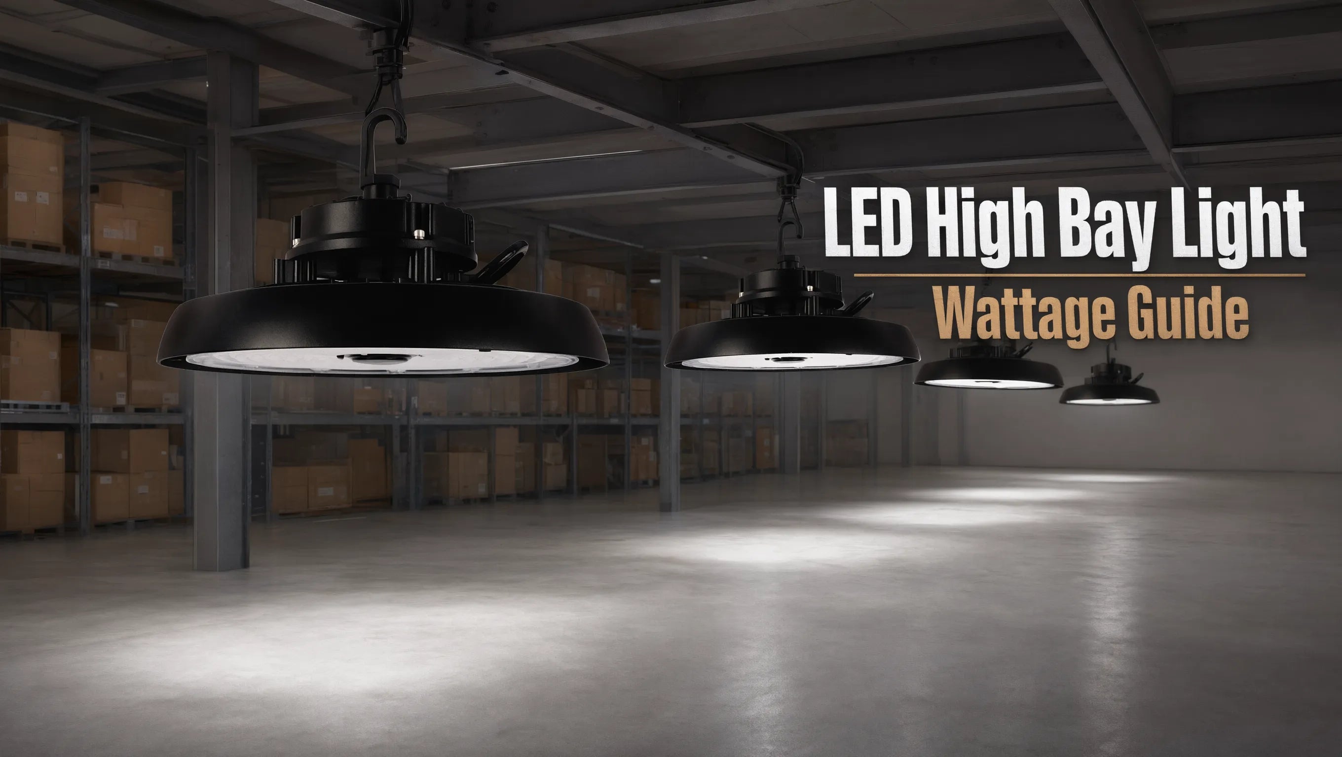 LED high bay light fixtures mounted in a warehouse ceiling, showing different wattage installations