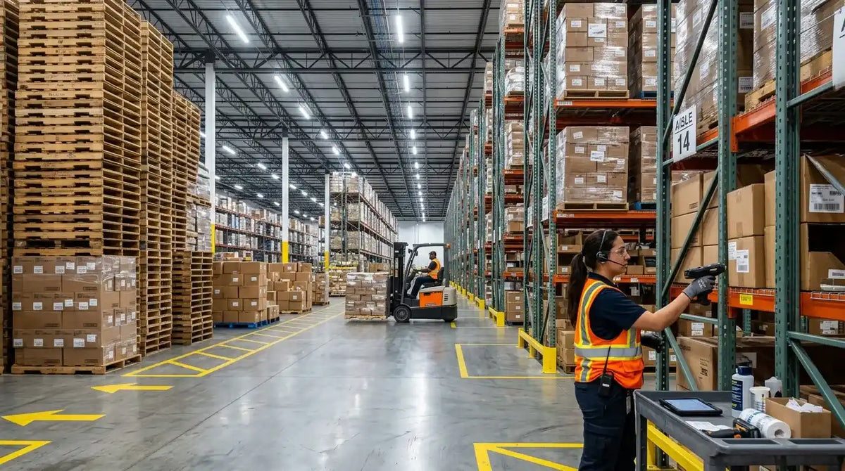 LED lighting for warehouse aisle lighting in a distribution center with tall racking, a forklift, and a worker scanning items