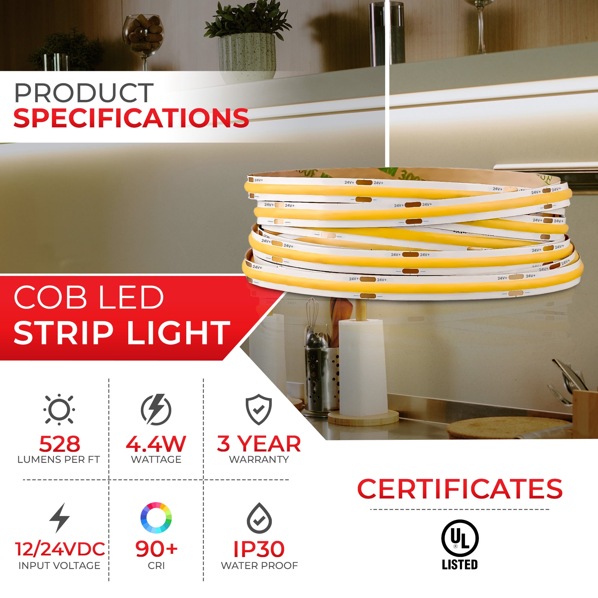 W-Series Static White DotFree COB LED Strip Light IP20 - UL Listed