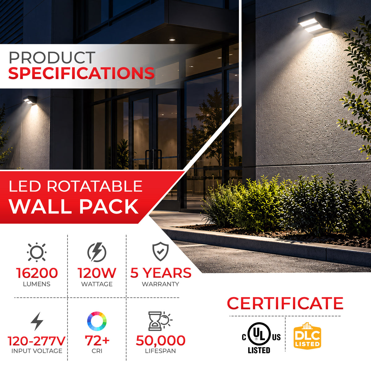 120W Rotatable LED Wall Pack Light Brown Housing 120-277VAC CCT 5000K | WPB-120W-120V-50K-V2