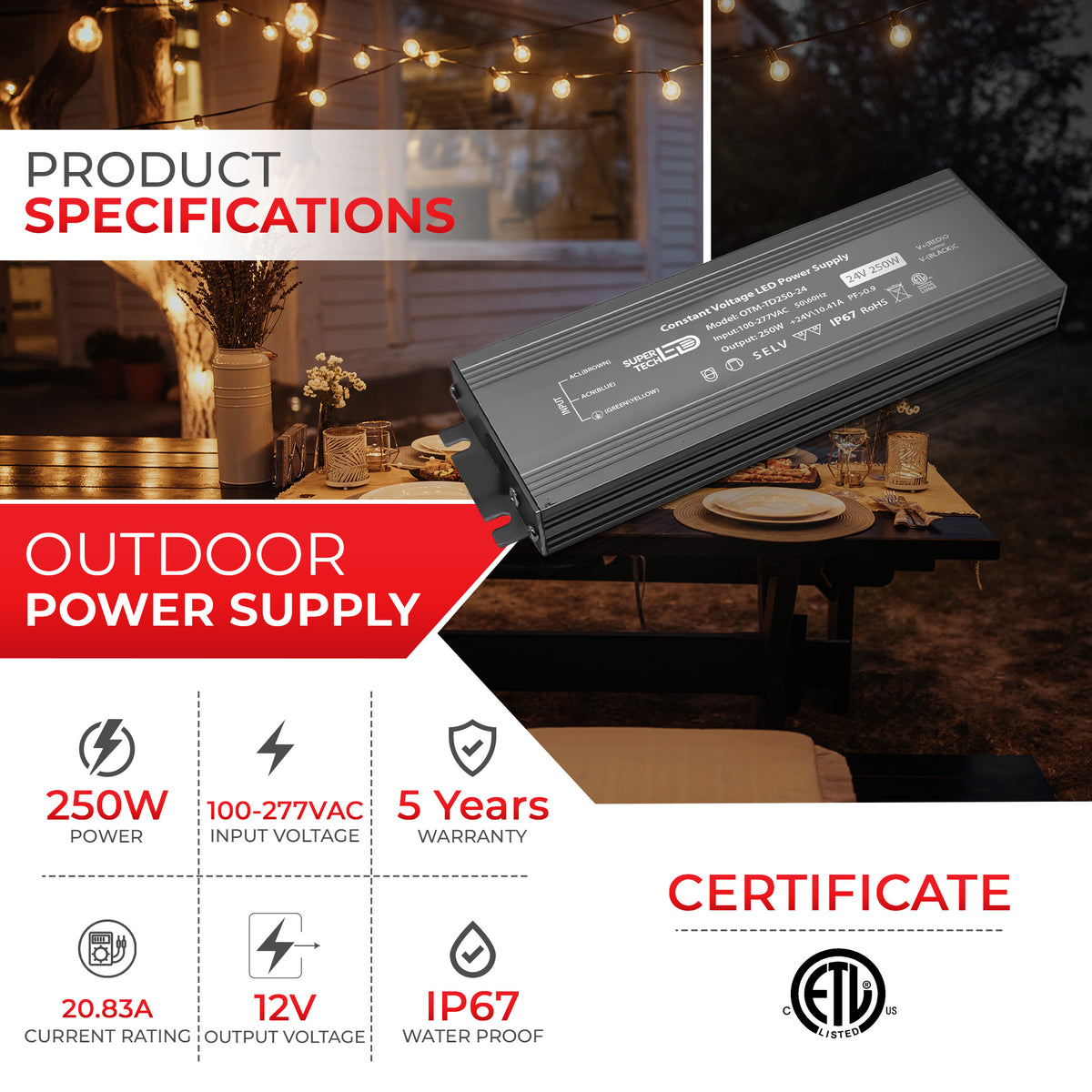 250W Waterproof LED Driver | 12V/24V Ultra-Thin, IP67, Flicker-Free, 100-277VAC, ETL Certified, 5 Years Warranty