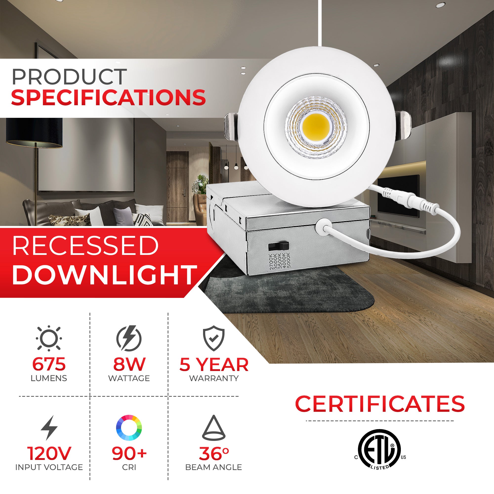 2" Architectural LED Recessed Downlight – COB, Selectable CCT, Round/Square
