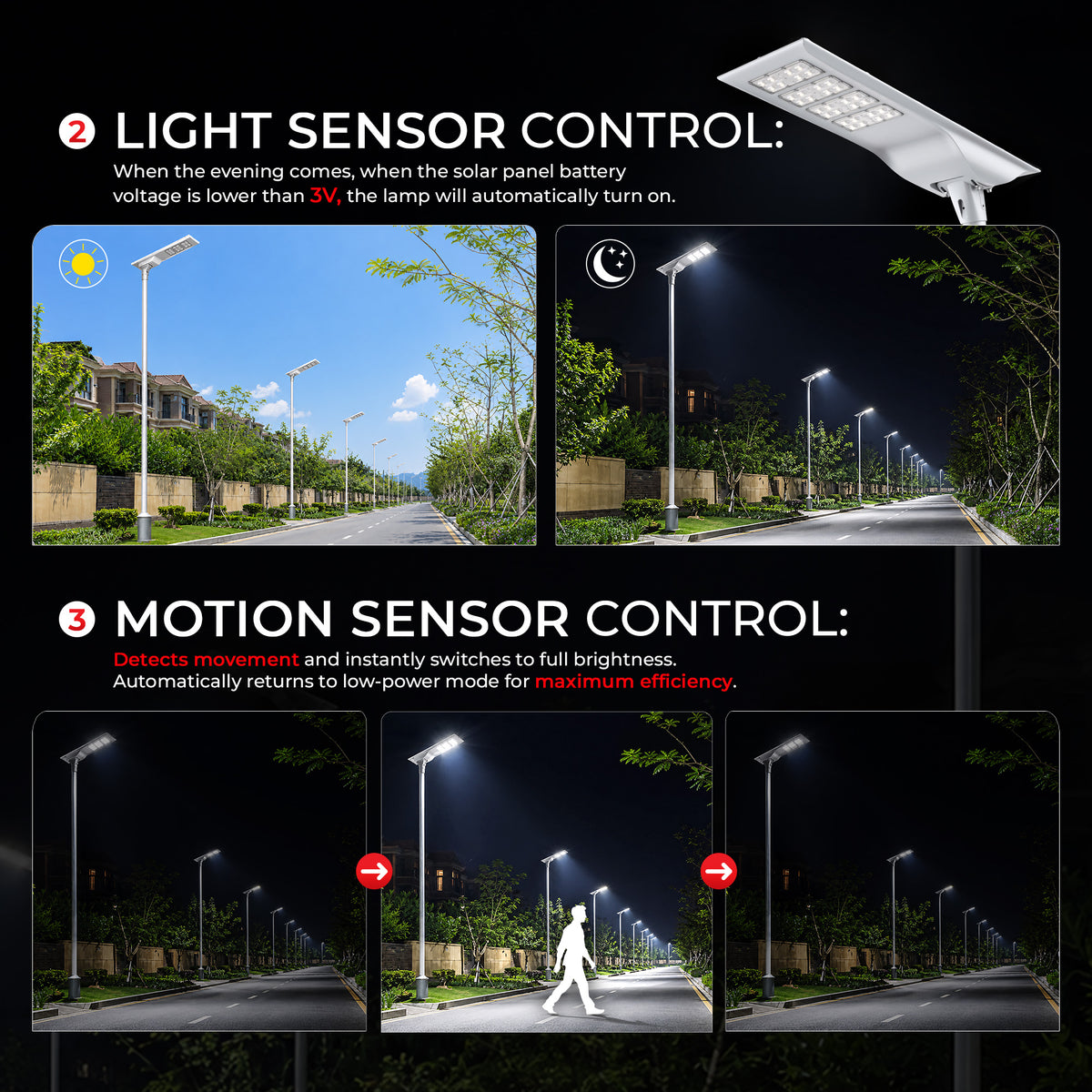 100W Solar LED Street Light | 9000lm | 3-Mode Smart Control | Motion Sensor | IP66 | LiFePO4 Battery – LS-SLS100W