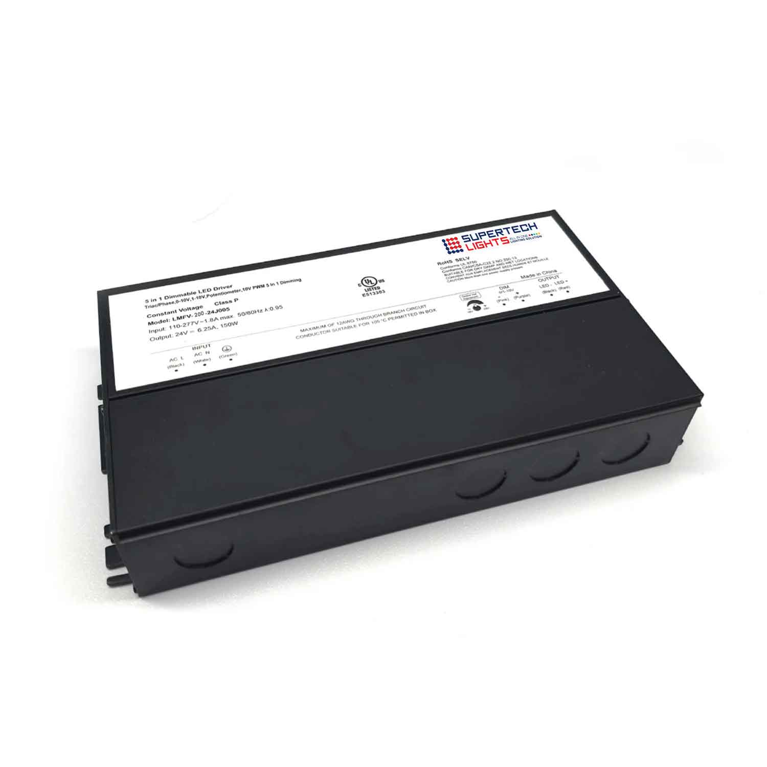 200W 5-in-1 Junction Box Dimmable LED Driver | 12V or 24V DC | Triac / 0-10V / 1-10V / PWM / Potentiometer | 110–277V | UL Listed