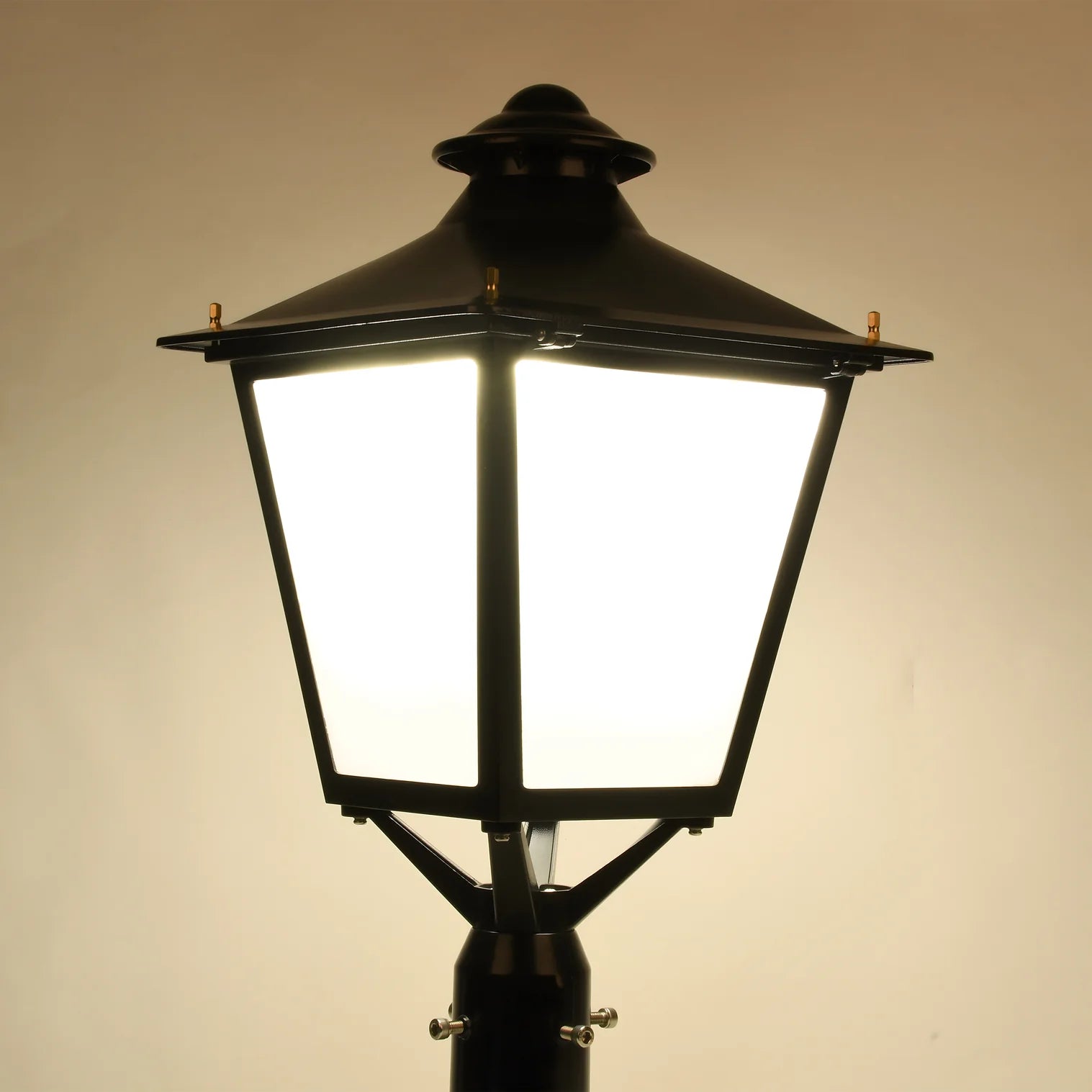 30W to 120W LED post light glowing with a classic lantern design for outdoor landscape, walkway, and area lighting