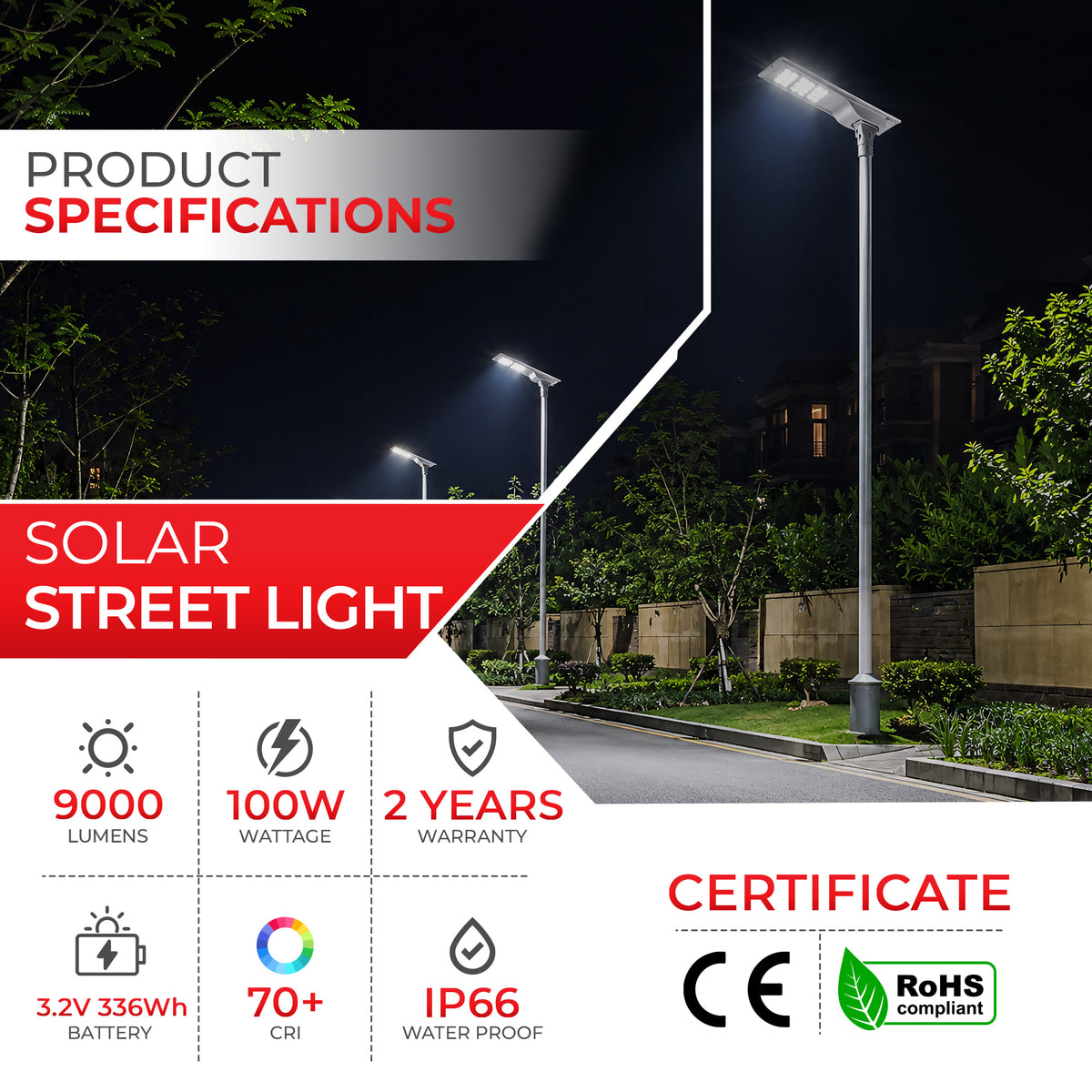 100W Solar LED Street Light | 9000lm | 3-Mode Smart Control | Motion Sensor | IP66 | LiFePO4 Battery – LS-SLS100W