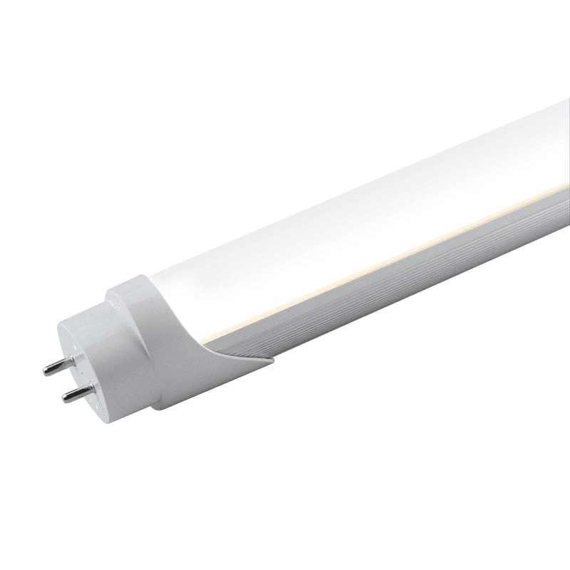 LED tube light with bi-pin base and frosted linear lens for commercial and indoor lighting applications