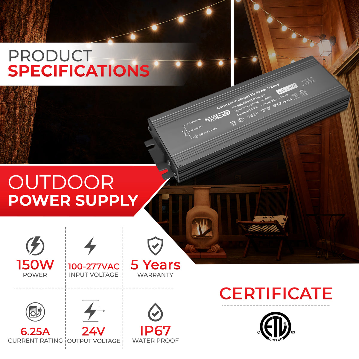 150W Waterproof LED Driver | 12V/24V, Ultra-Thin, IP67, Flicker-Free, 100-277VAC, ETL Certified.