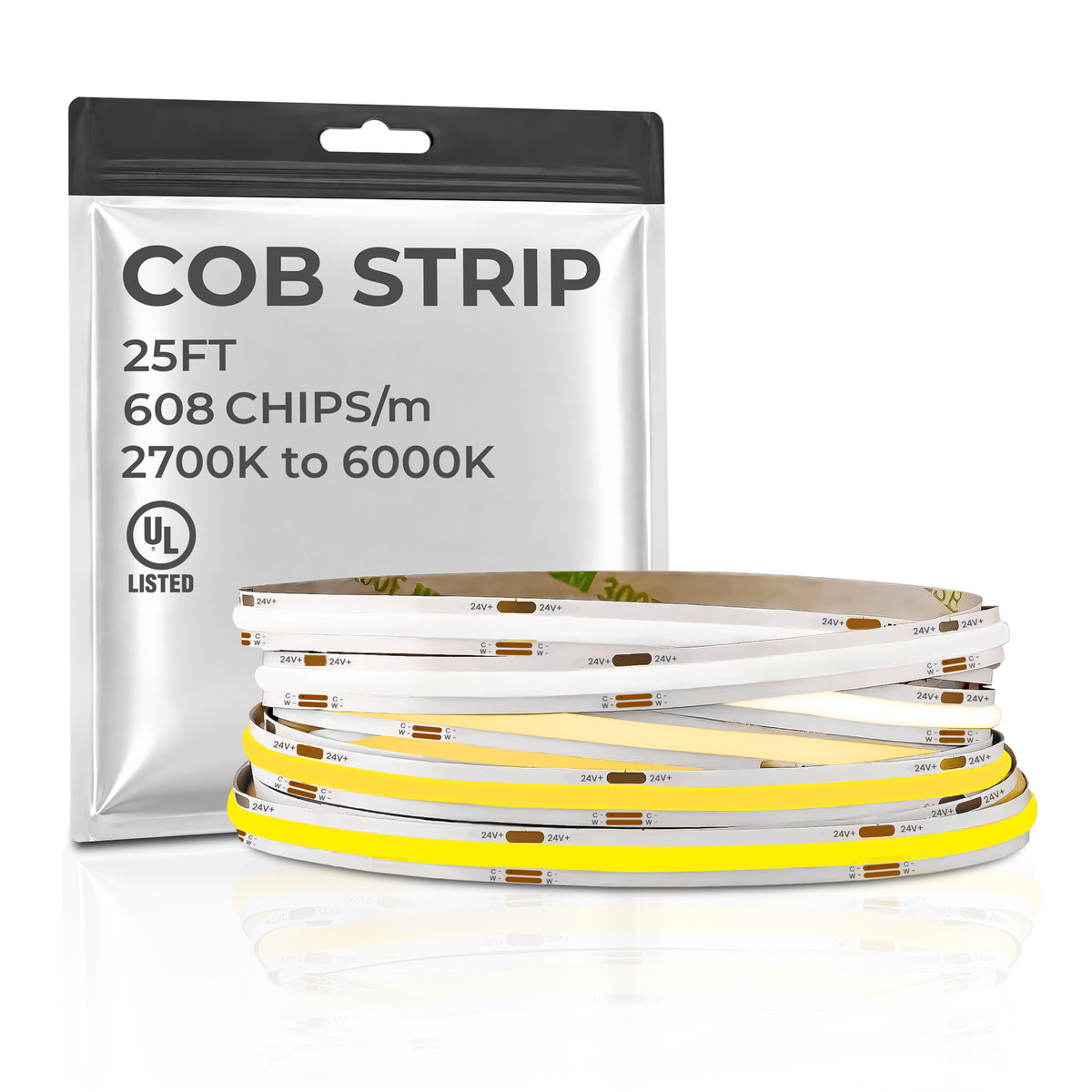 DotFree COB CCT Tunable 24V LED Strip Light - 2700K to 6500K - IP20 - UL Listed