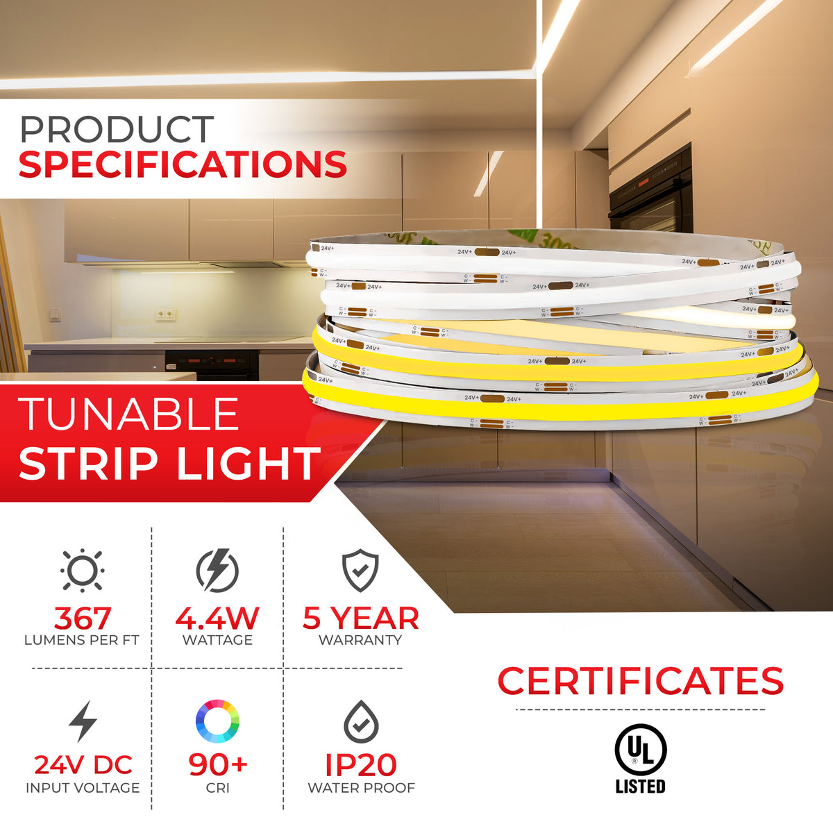 DotFree COB CCT Tunable 24V LED Strip Light - 2700K to 6500K - IP20 - UL Listed