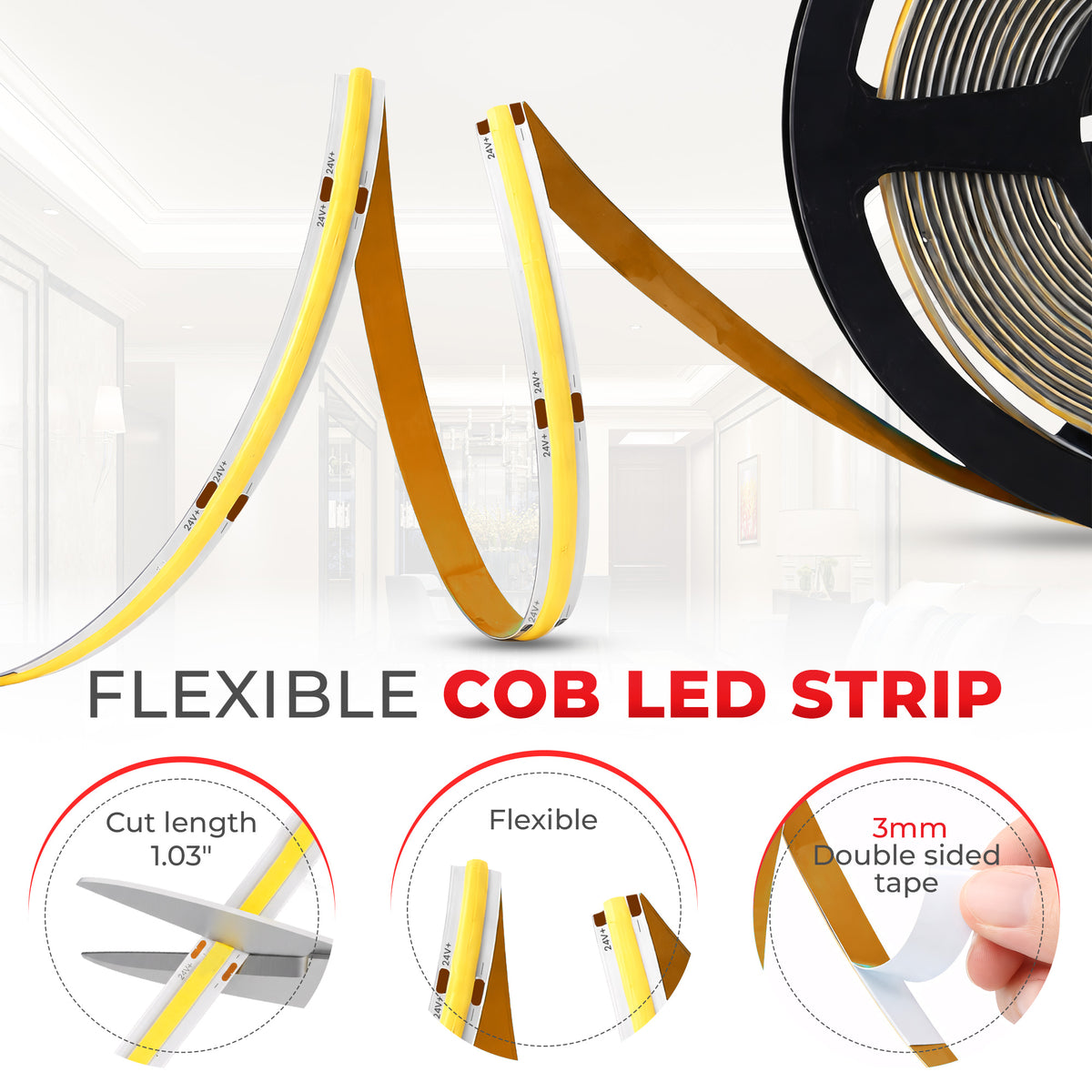 DotFree COB CCT Tunable 24V LED Strip Light - 2700K to 6500K - IP20 - UL Listed