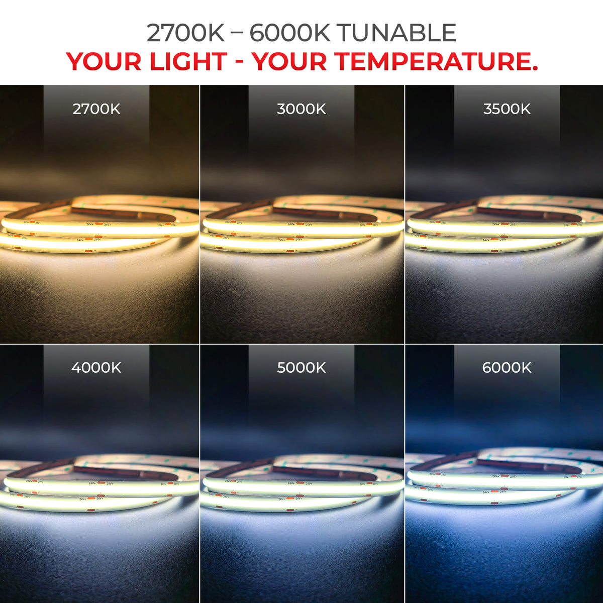 DotFree COB CCT Tunable 24V LED Strip Light - 2700K to 6500K - IP20 - UL Listed