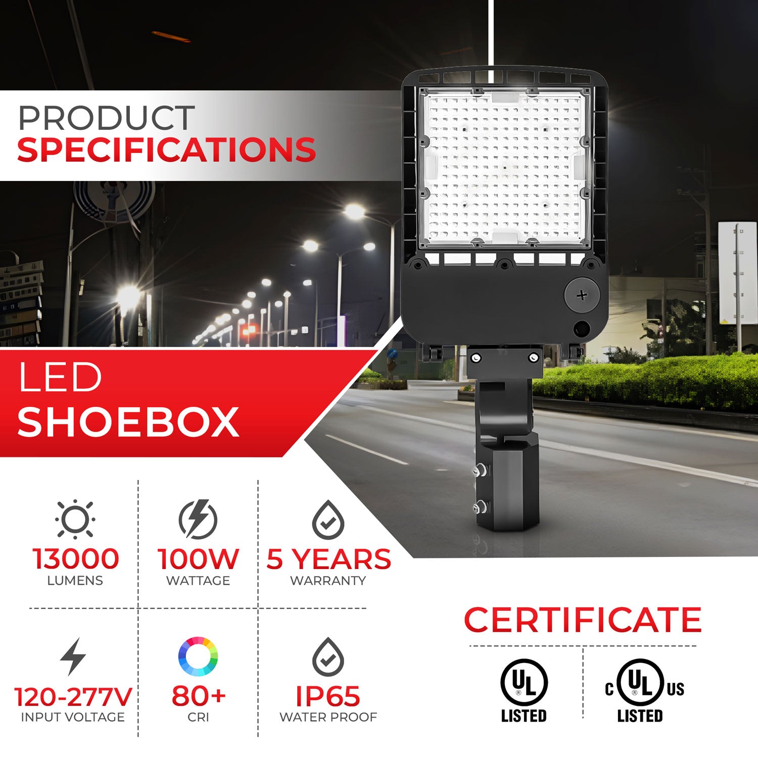 100W 8th Gen LED Shoebox Area Light 13000 Lumens 5000K UL DLC Listed