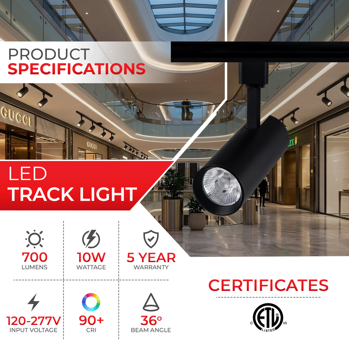 10W H-Type Track Lighting Heads – 3CCT – Triac Dimmable – 36° Beam Angle – ETL Listed